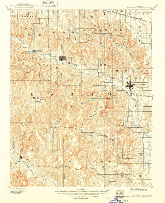Historic 1893 Medicine Lodge Kansas 30'x30' Topo Map Image