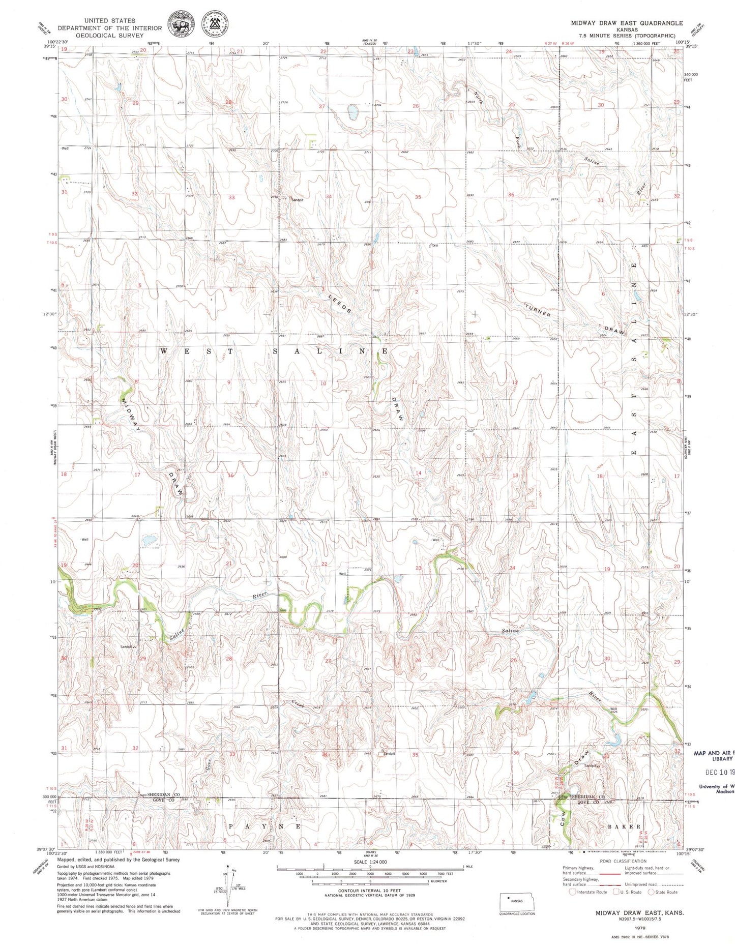 Classic USGS Midway Draw East Kansas 7.5'x7.5' Topo Map Image