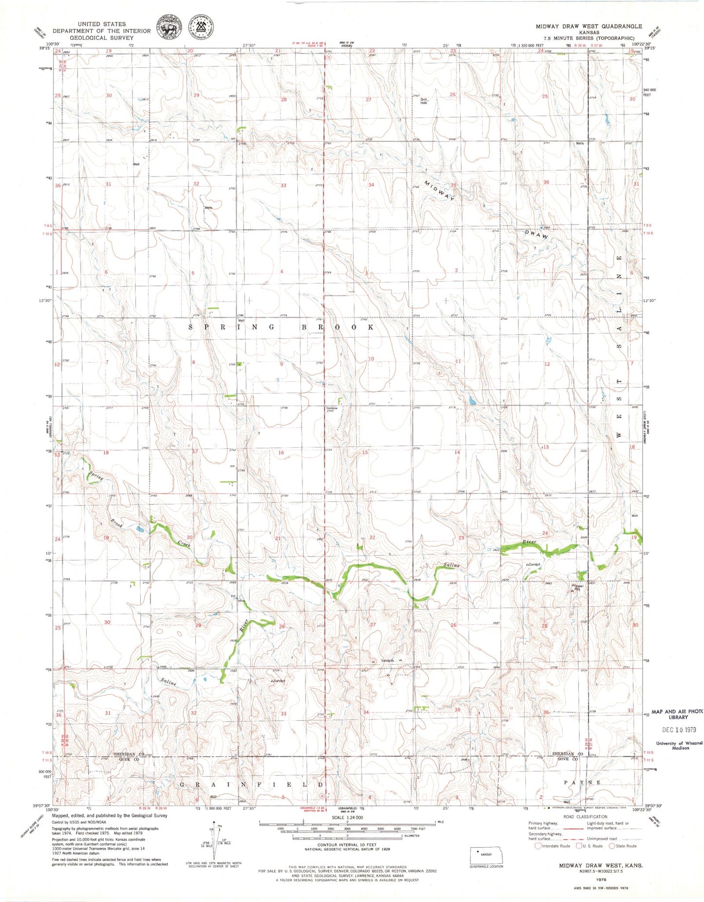 Classic USGS Midway Draw West Kansas 7.5'x7.5' Topo Map Image