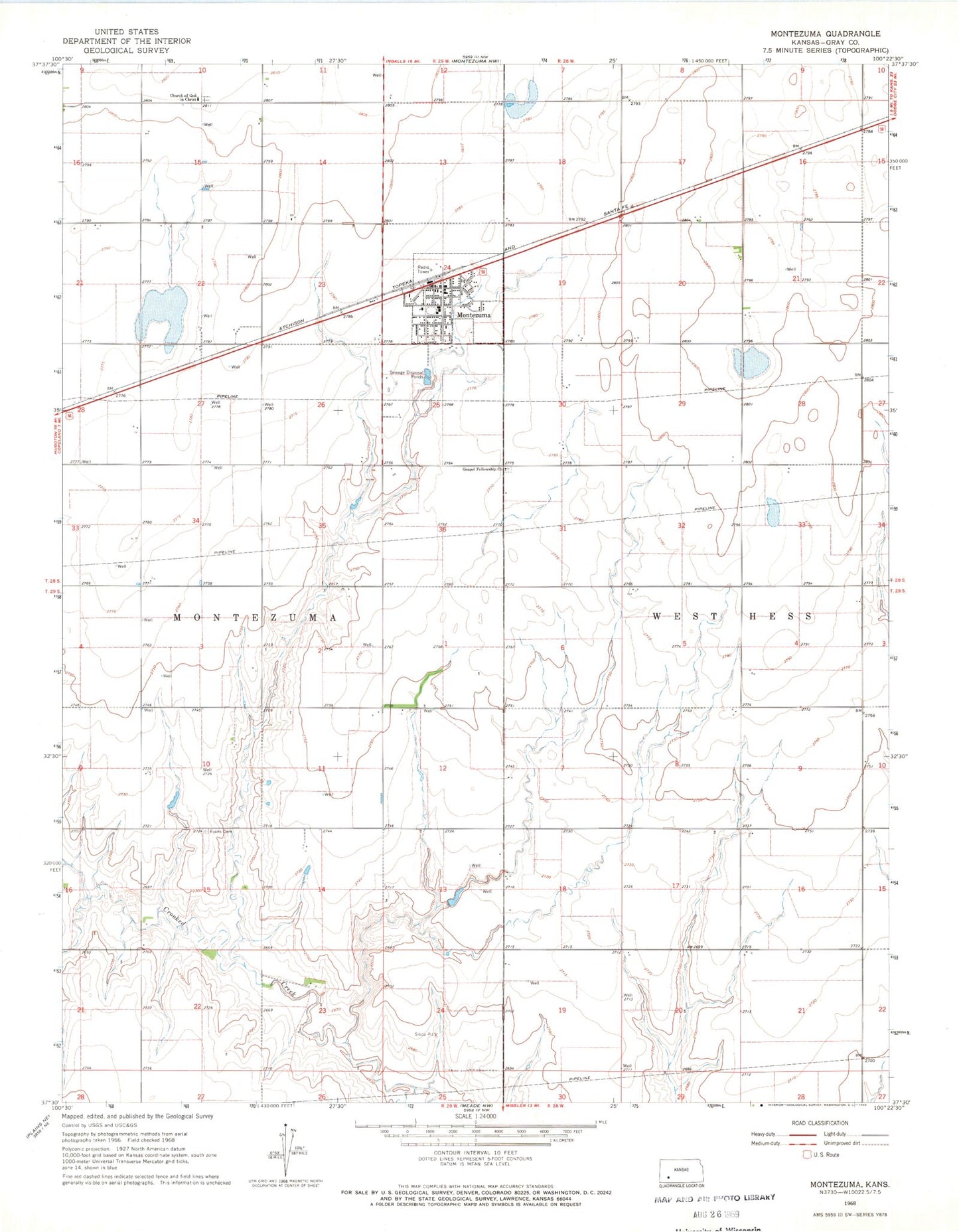Classic USGS Montezuma Kansas 7.5'x7.5' Topo Map Image
