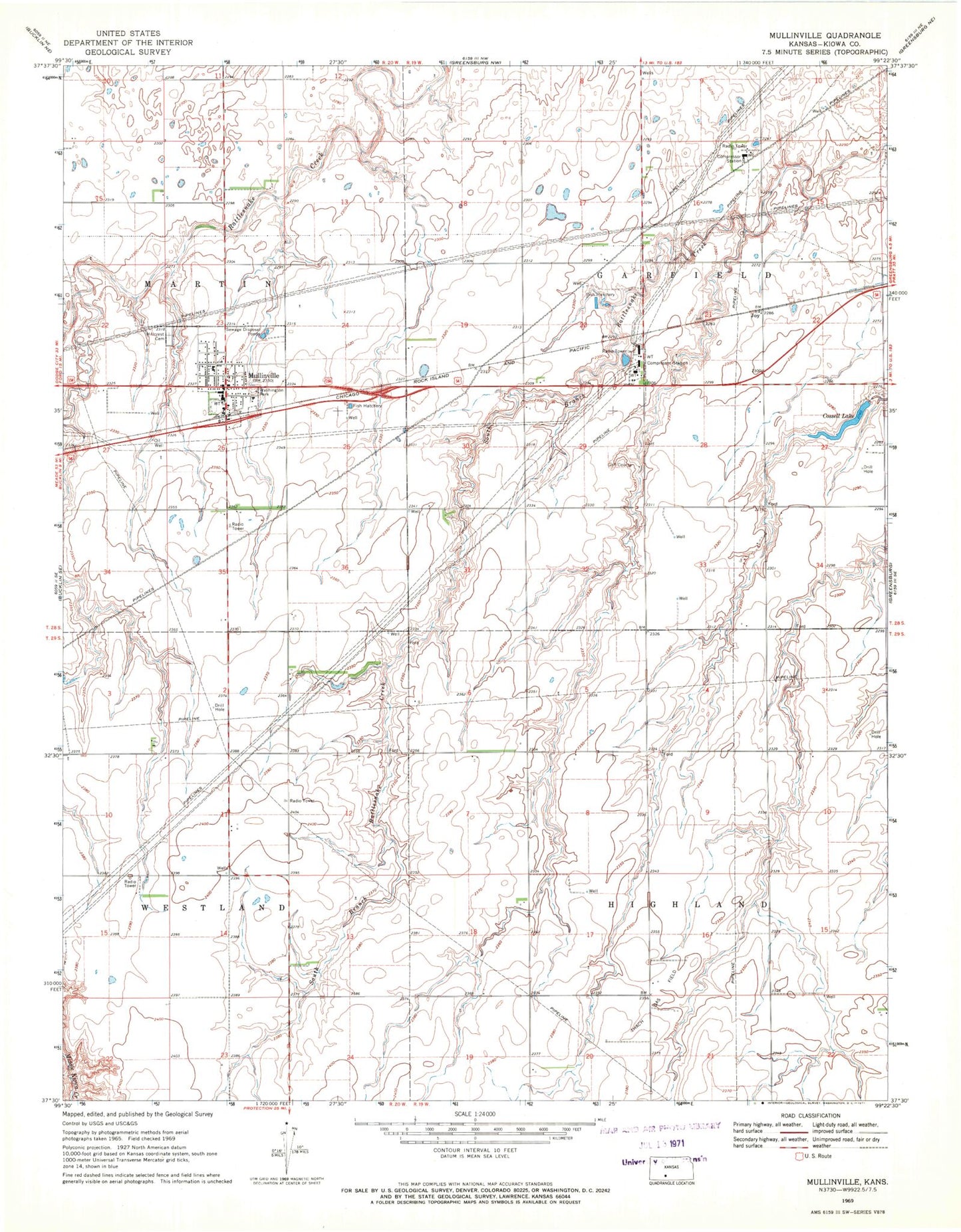 Classic USGS Mullinville Kansas 7.5'x7.5' Topo Map Image