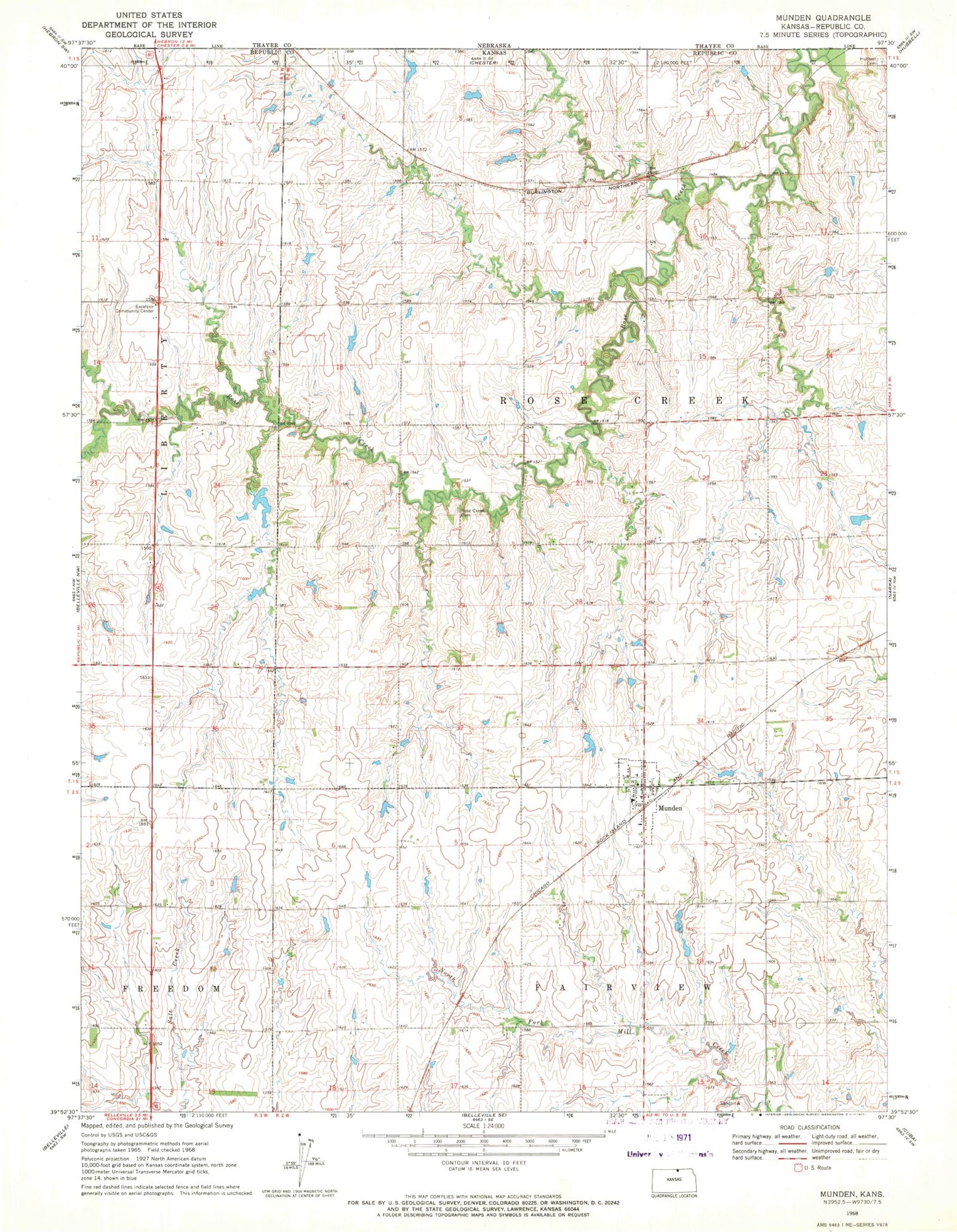 Classic USGS Munden Kansas 7.5'x7.5' Topo Map Image