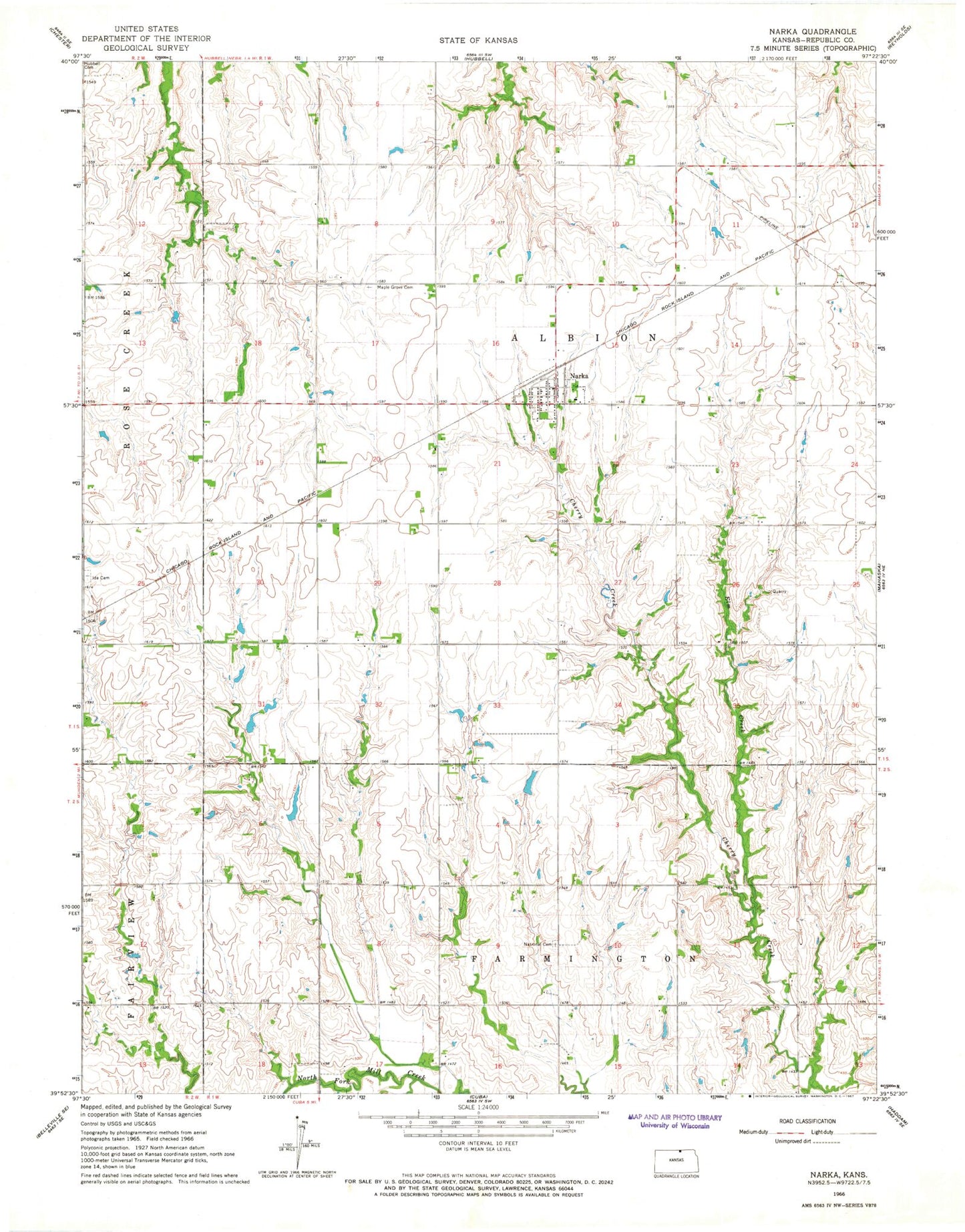Classic USGS Narka Kansas 7.5'x7.5' Topo Map Image