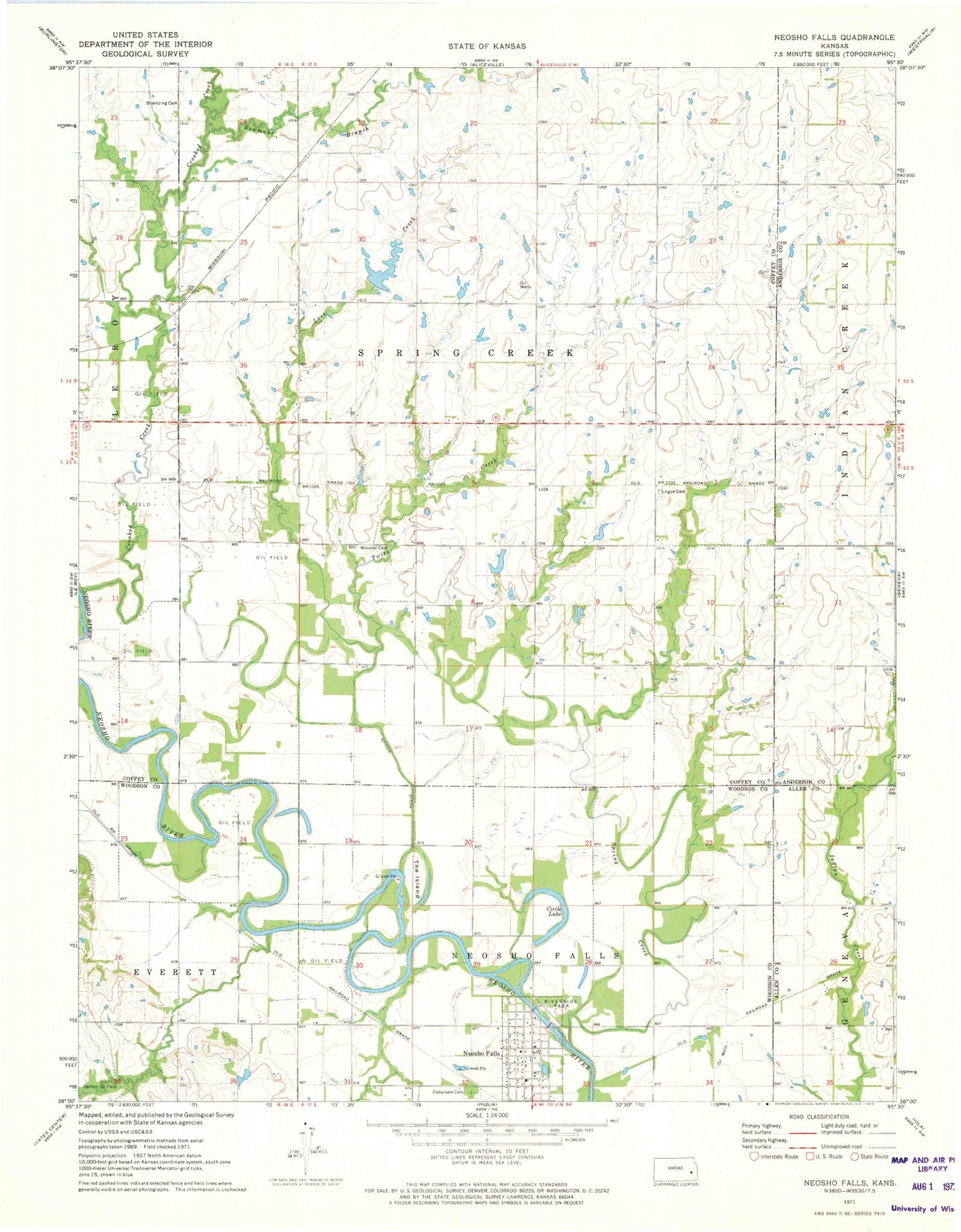 Classic USGS Neosho Falls Kansas 7.5'x7.5' Topo Map Image
