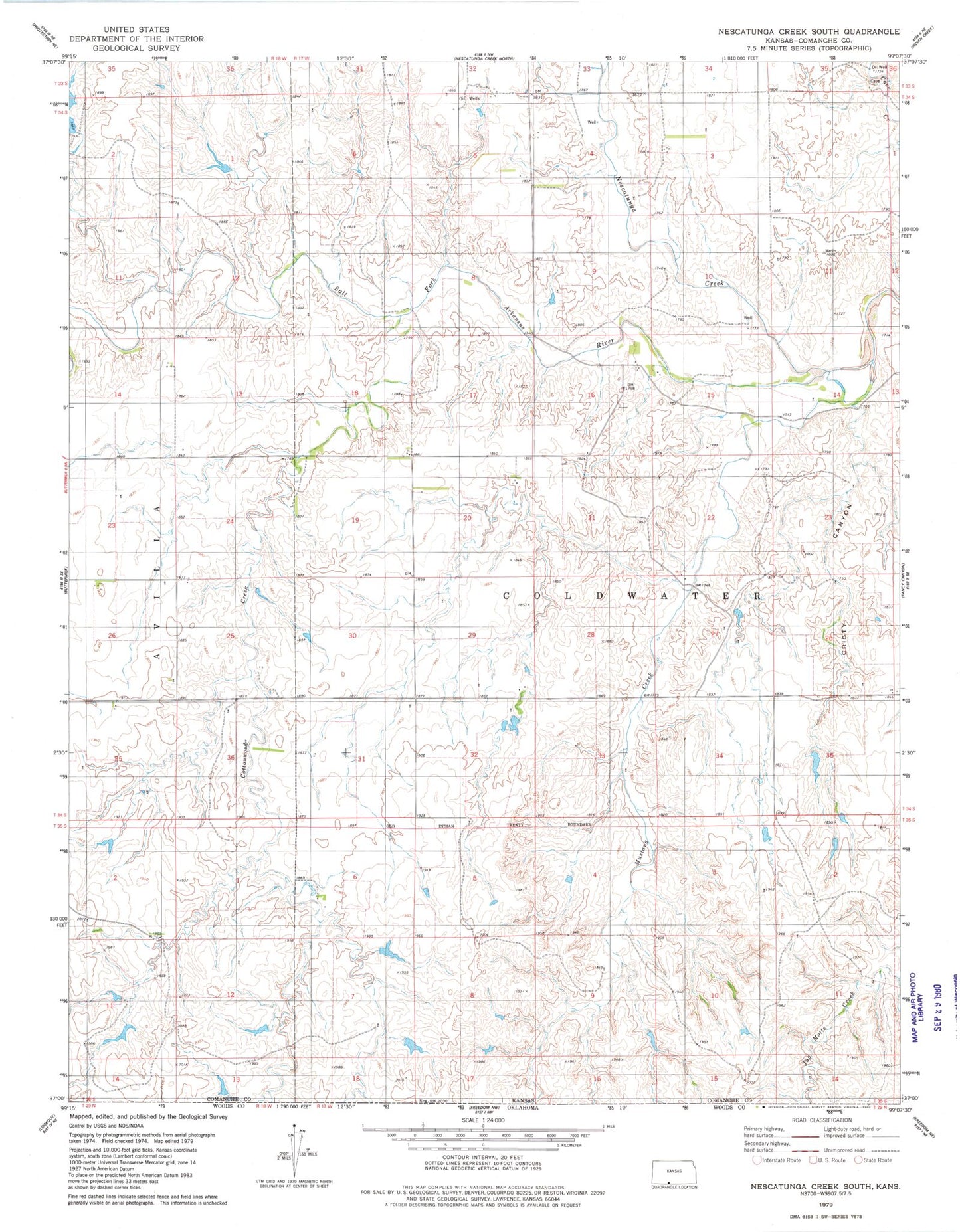 Classic USGS Nescatunga Creek South Kansas 7.5'x7.5' Topo Map Image