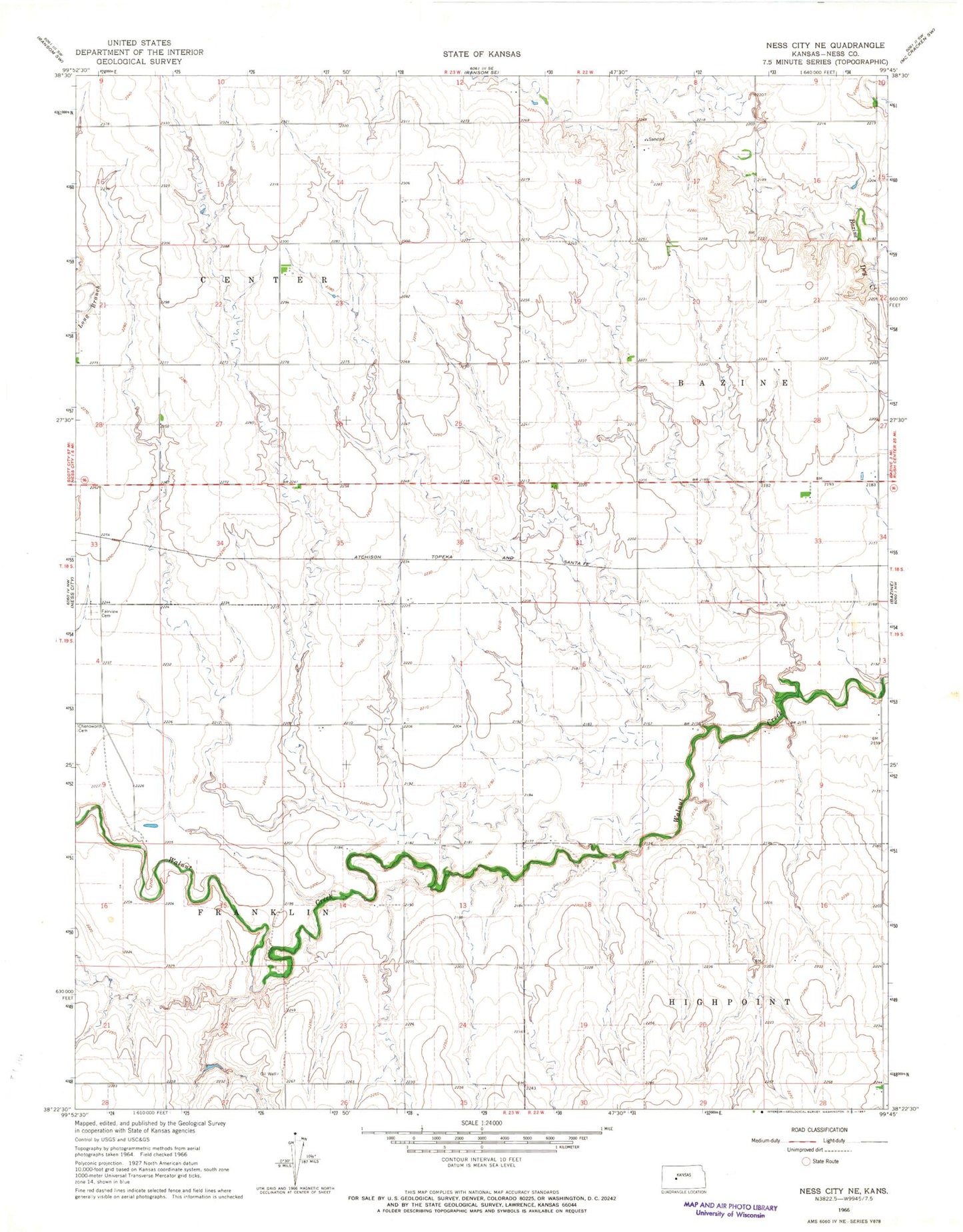 Classic USGS Ness City NE Kansas 7.5'x7.5' Topo Map Image