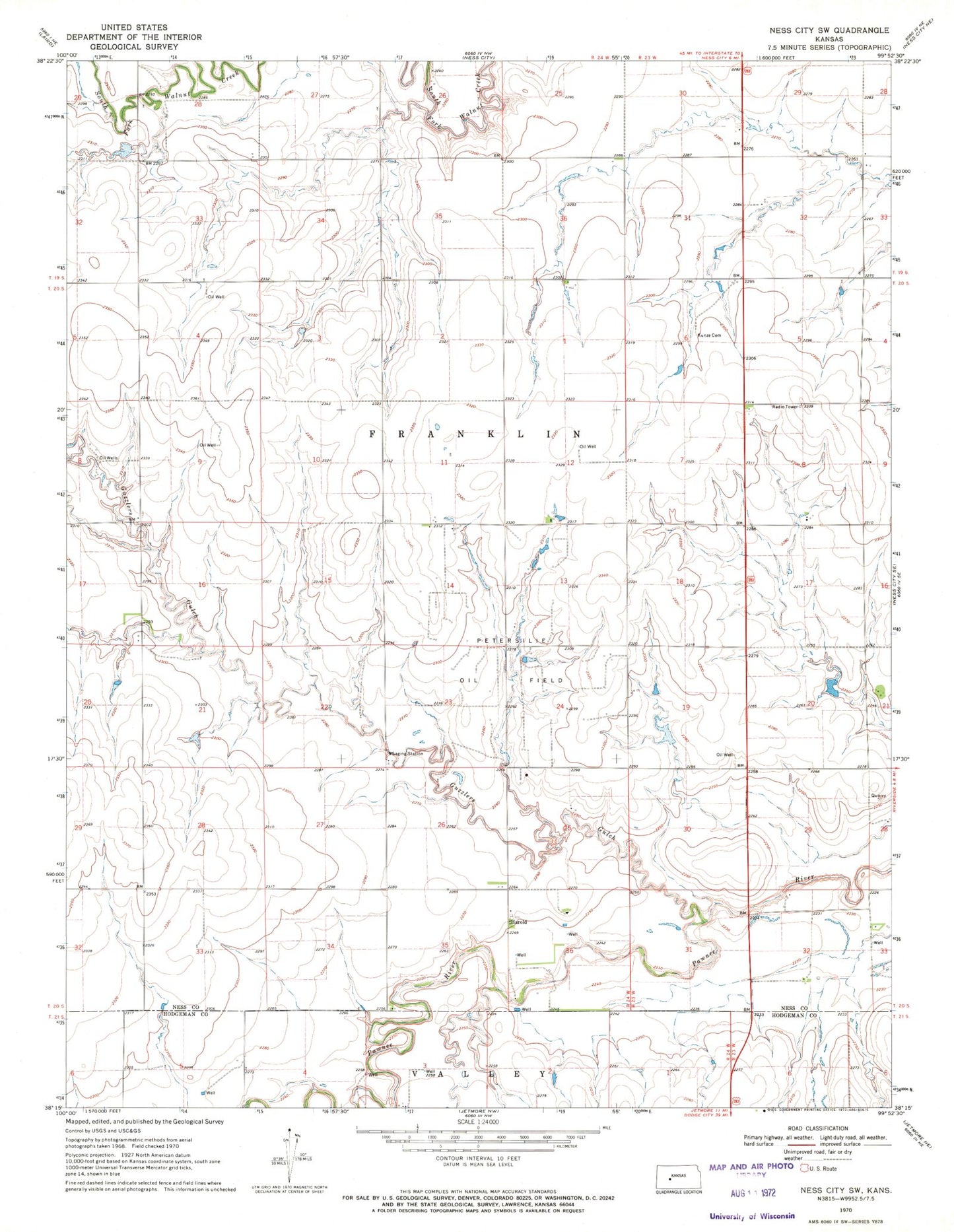 Classic USGS Ness City SW Kansas 7.5'x7.5' Topo Map Image