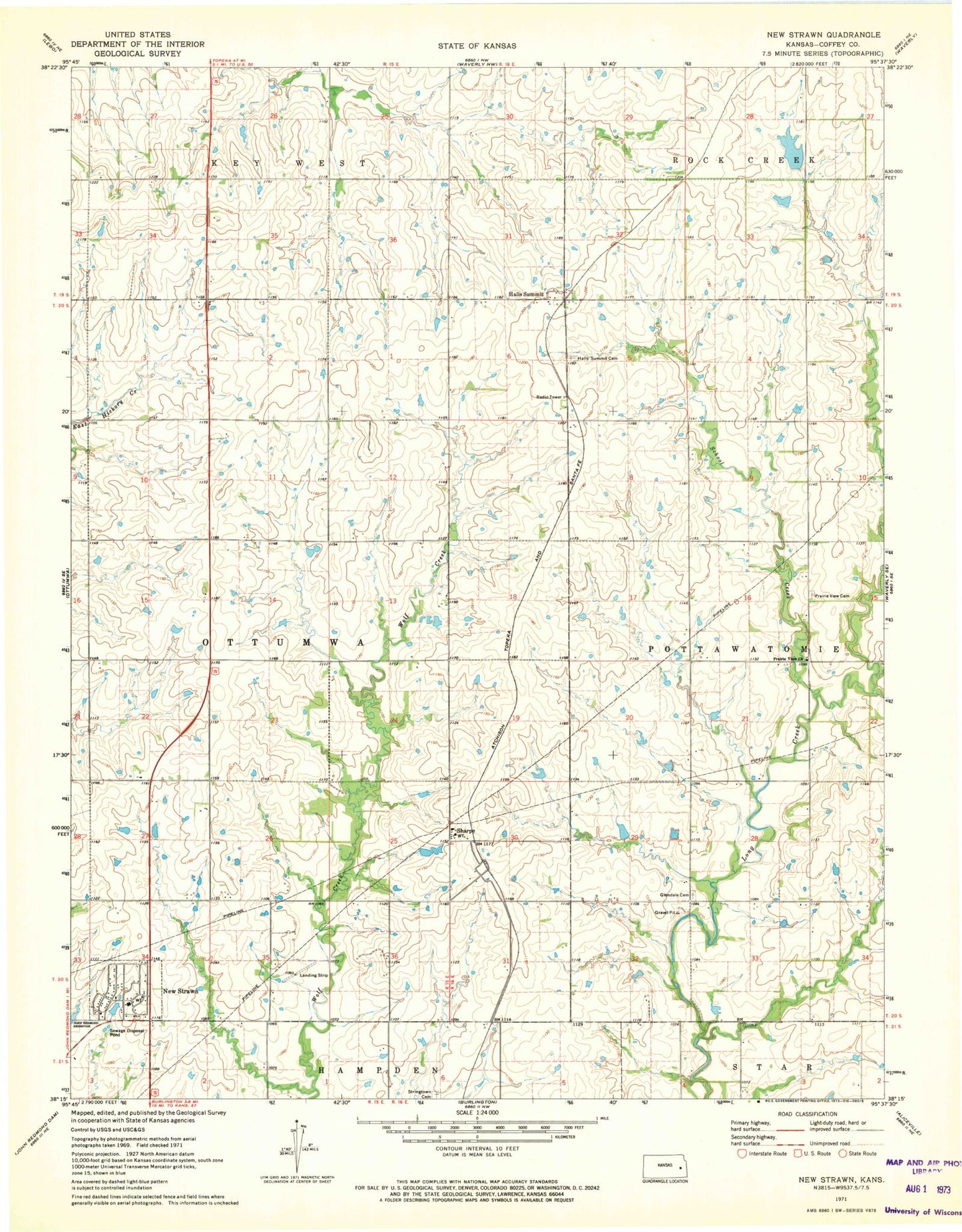 Classic USGS New Strawn Kansas 7.5'x7.5' Topo Map Image