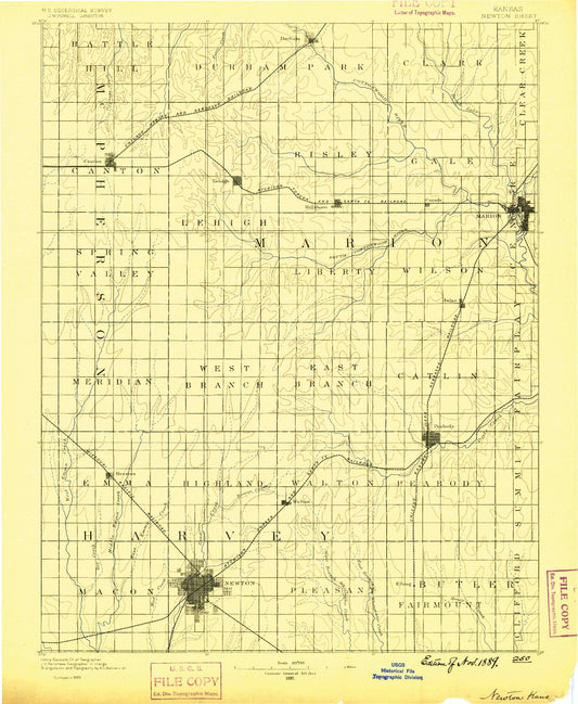 Historic 1889 Newton Kansas 30'x30' Topo Map Image
