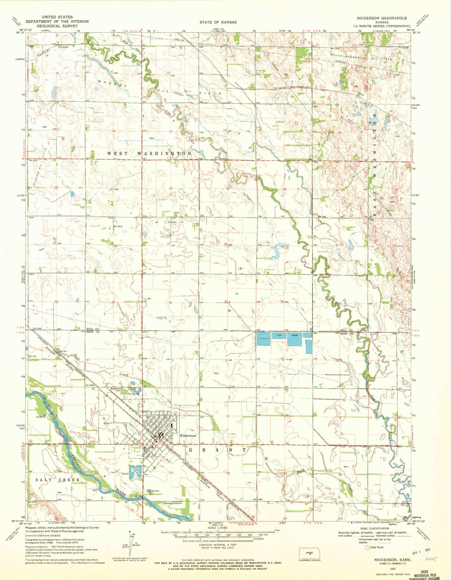 Classic USGS Nickerson Kansas 7.5'x7.5' Topo Map Image