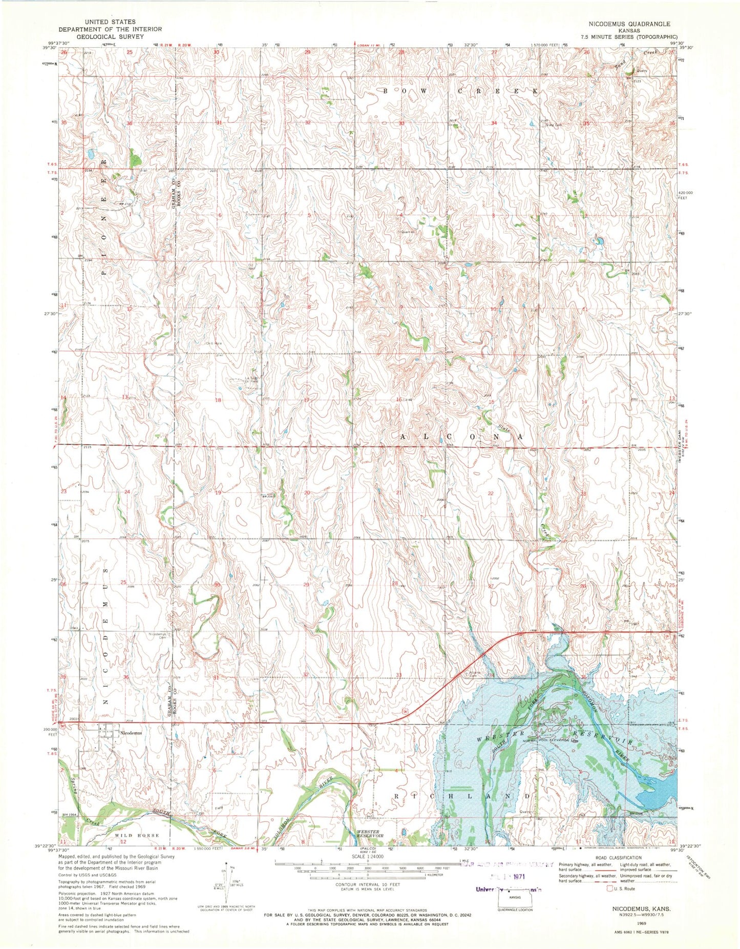 Classic USGS Nicodemus Kansas 7.5'x7.5' Topo Map Image