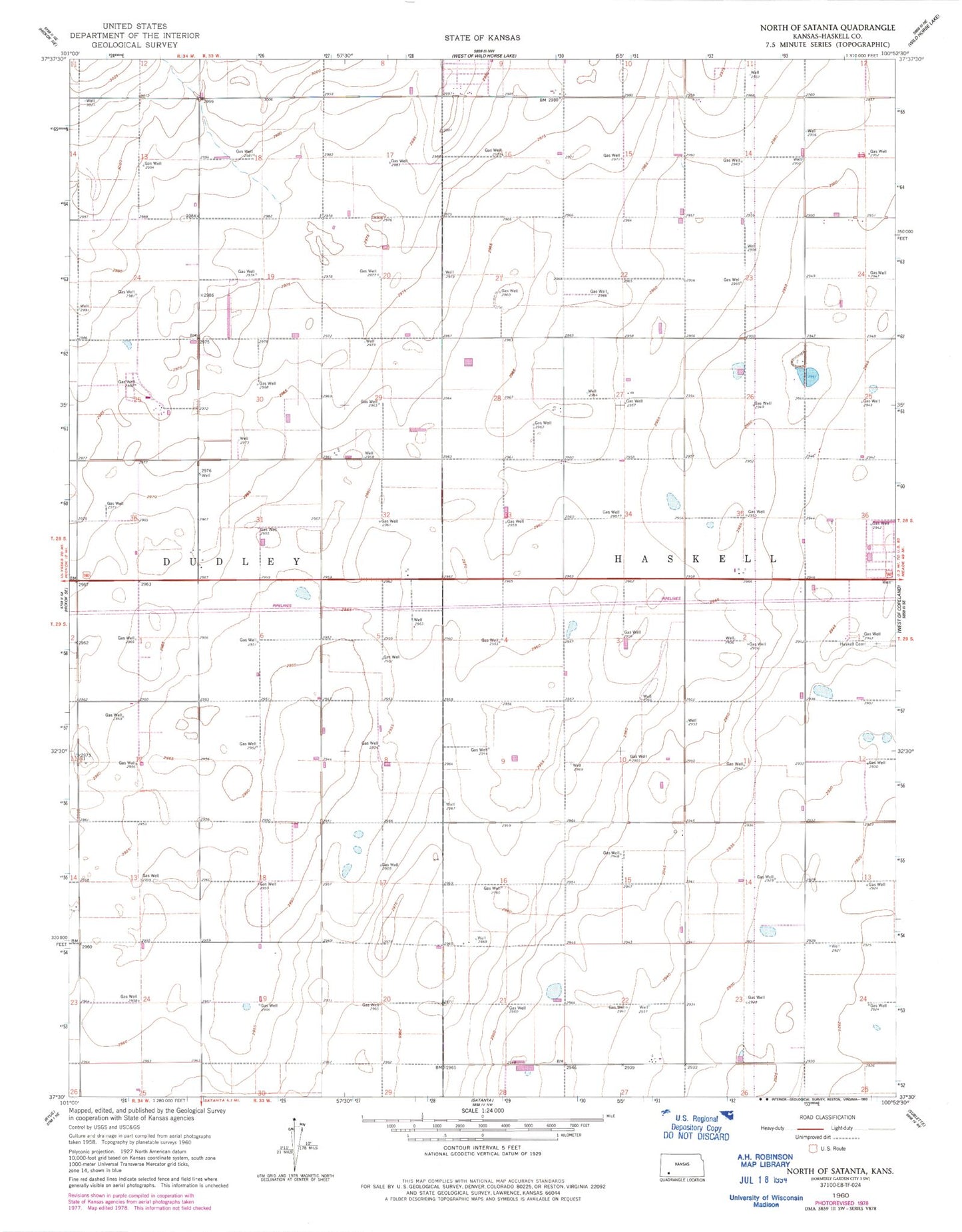 Classic USGS North of Satanta Kansas 7.5'x7.5' Topo Map Image