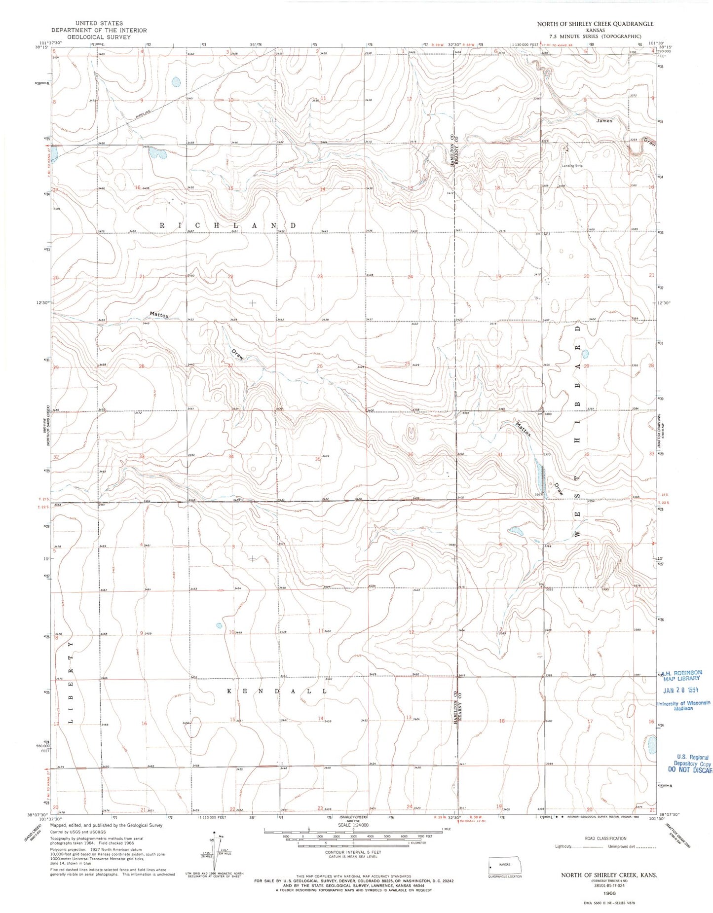 Classic USGS North of Shirley Creek Kansas 7.5'x7.5' Topo Map Image