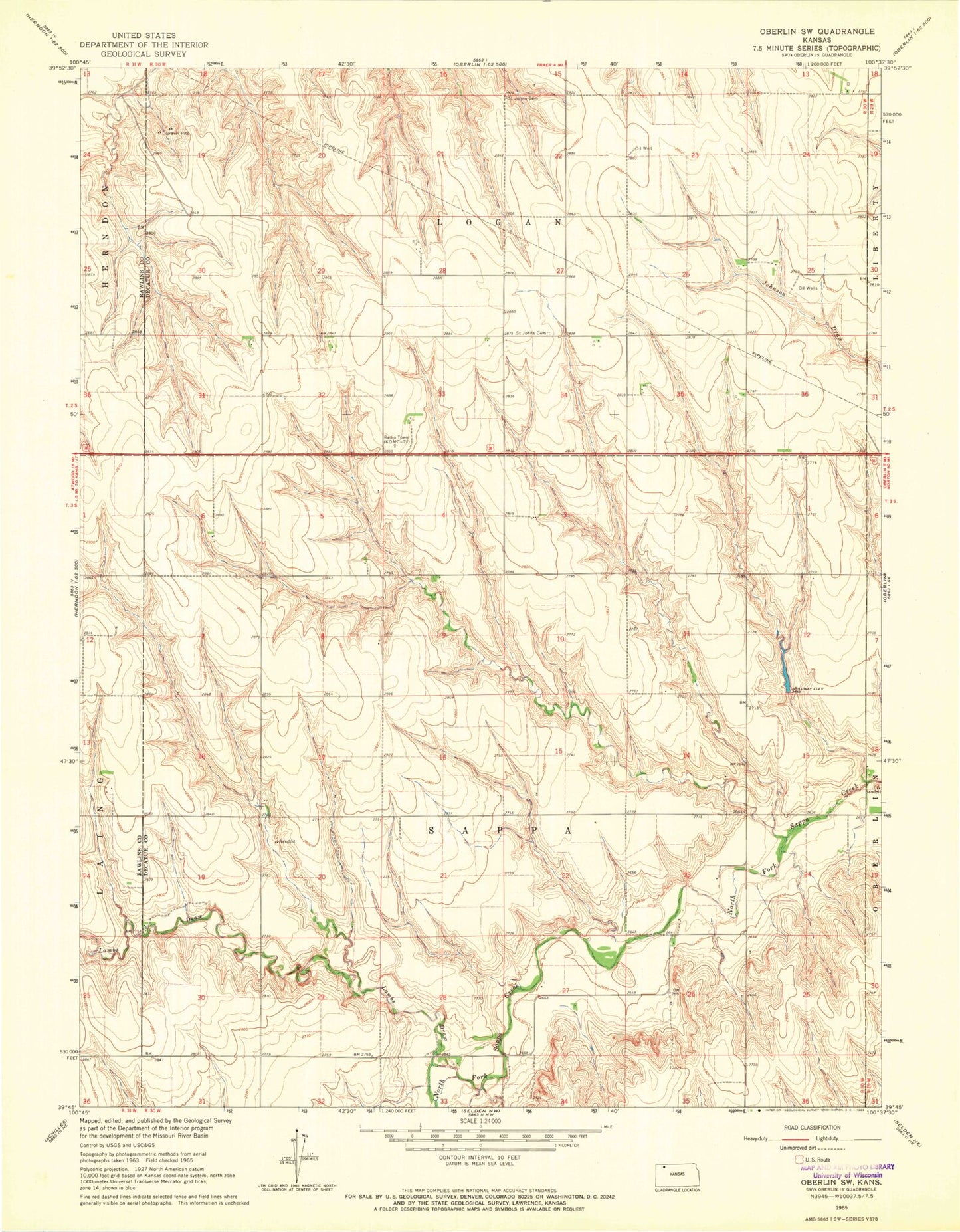 Classic USGS Oberlin SW Kansas 7.5'x7.5' Topo Map Image