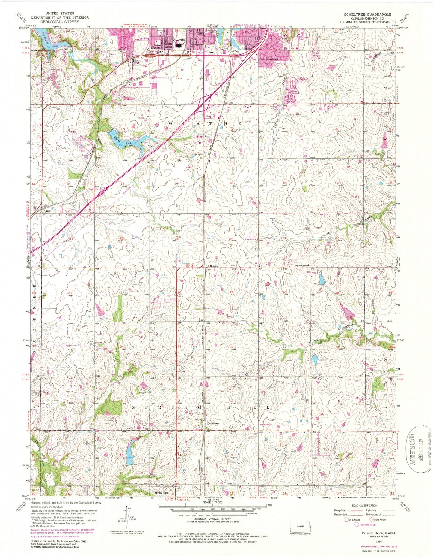 Classic USGS Ocheltree Kansas 7.5'x7.5' Topo Map Image
