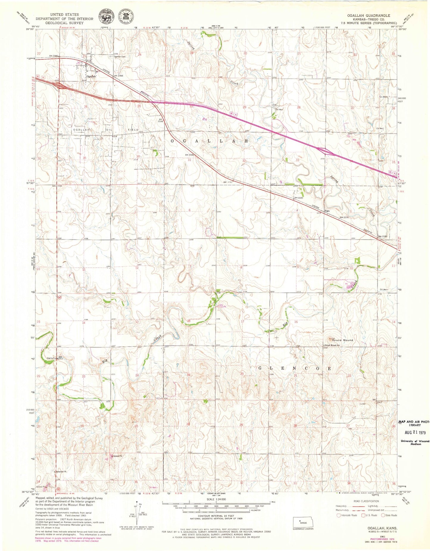 Classic USGS Ogallah Kansas 7.5'x7.5' Topo Map Image