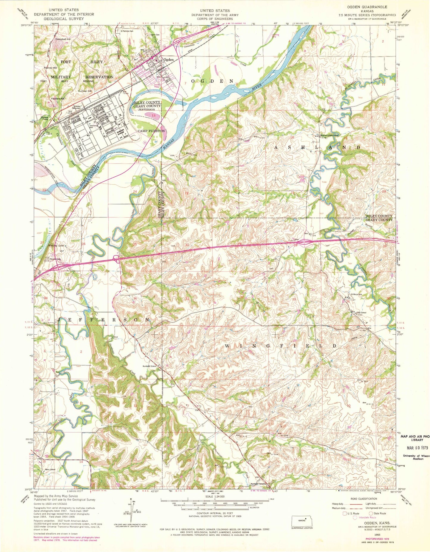 Classic USGS Ogden Kansas 7.5'x7.5' Topo Map Image