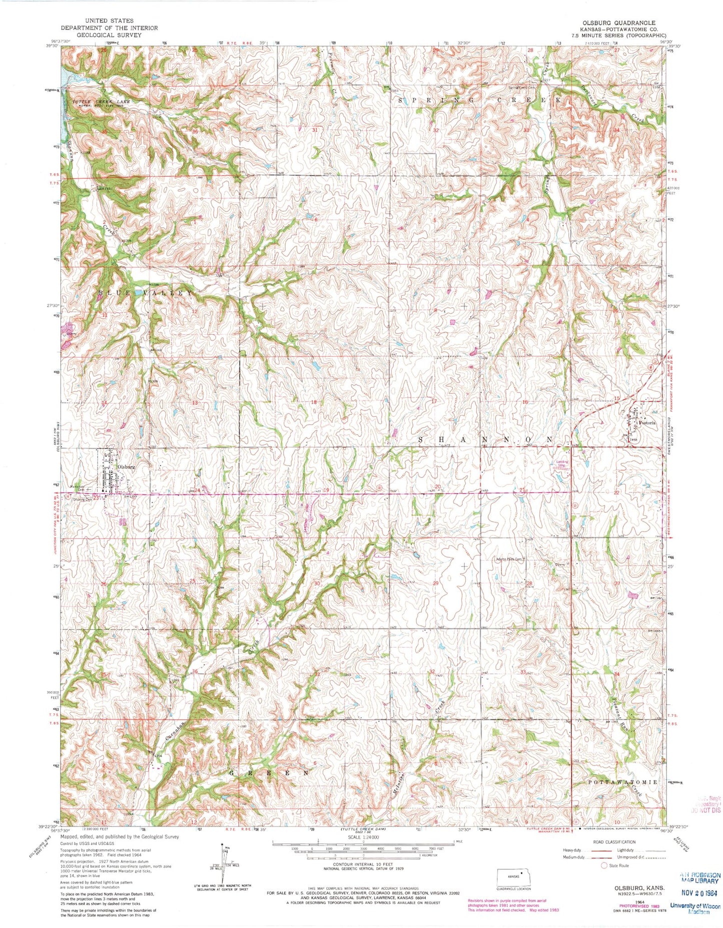 Classic USGS Olsburg Kansas 7.5'x7.5' Topo Map Image