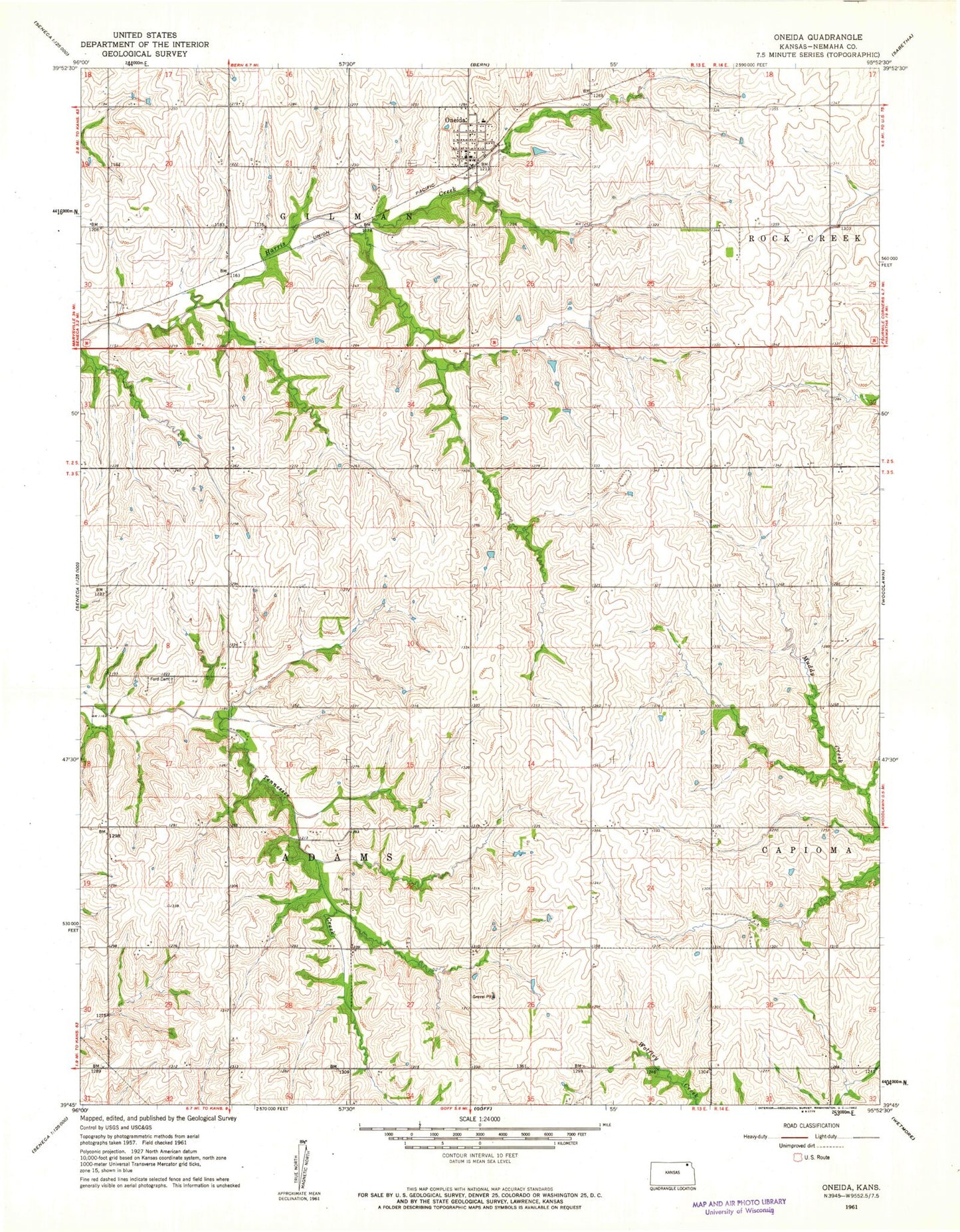 Classic USGS Oneida Kansas 7.5'x7.5' Topo Map Image