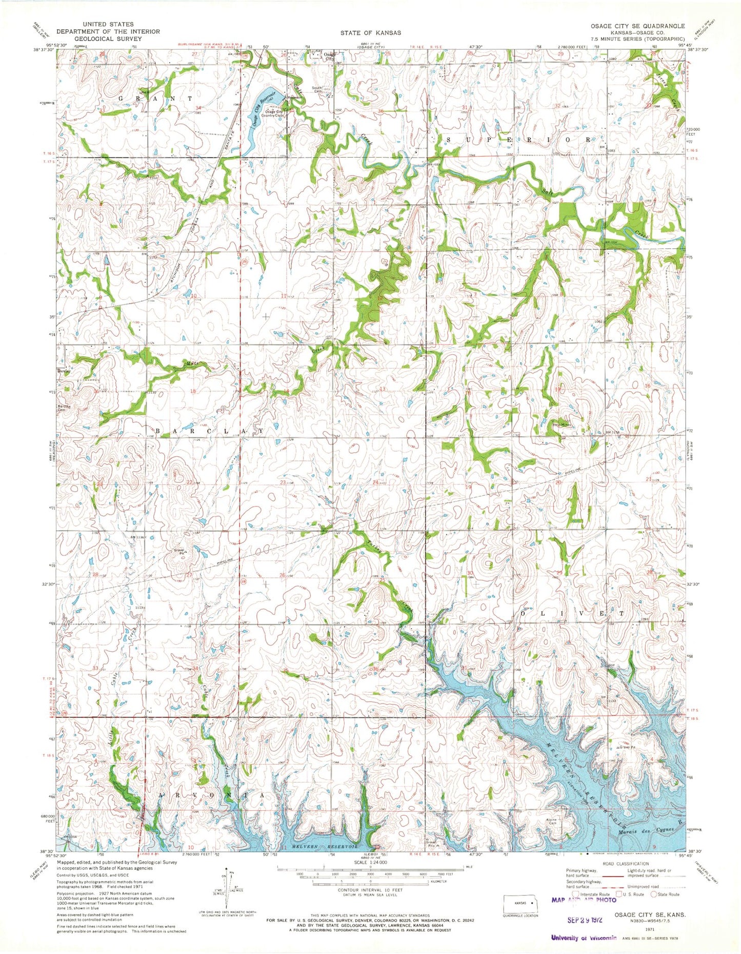Classic USGS Osage City SE Kansas 7.5'x7.5' Topo Map Image