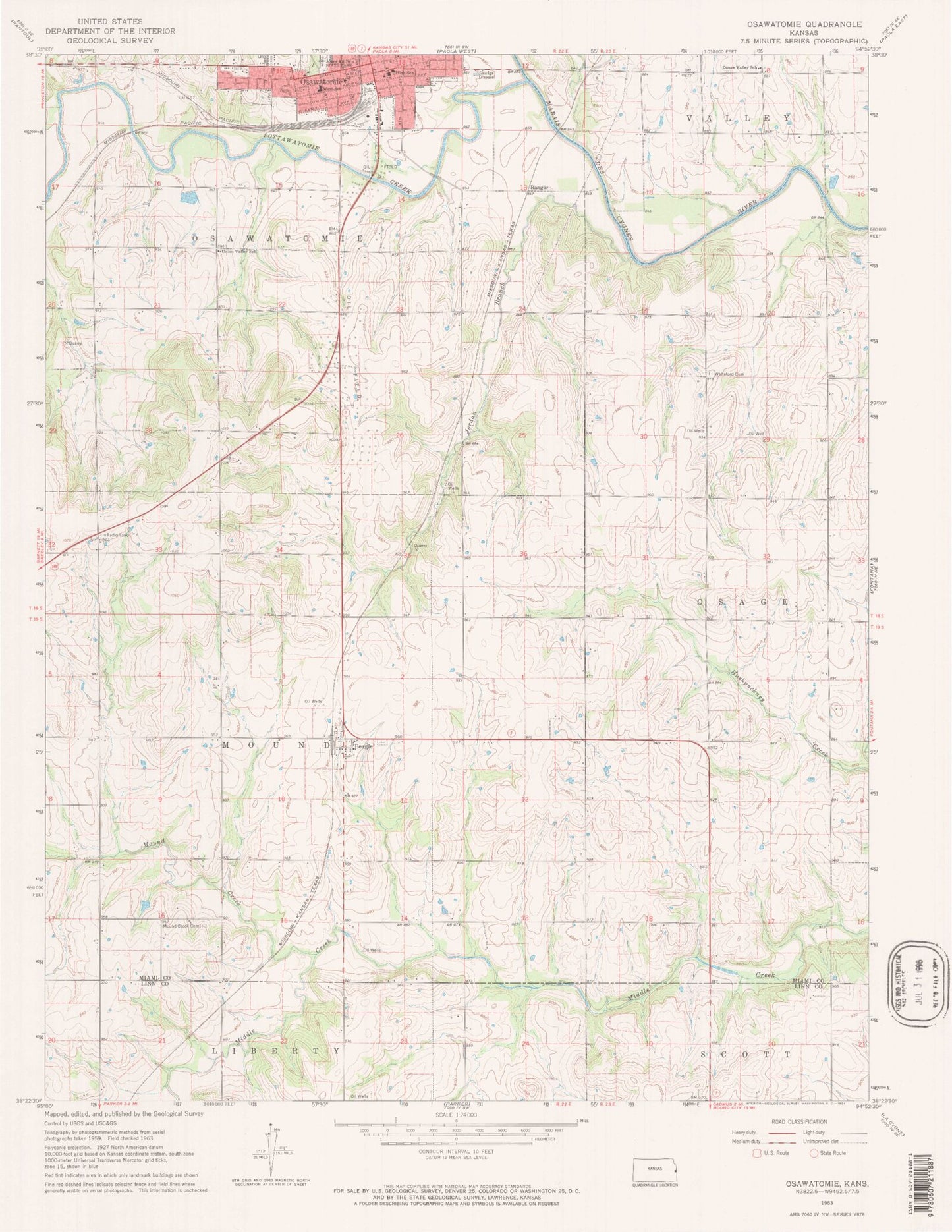 Classic USGS Osawatomie Kansas 7.5'x7.5' Topo Map Image