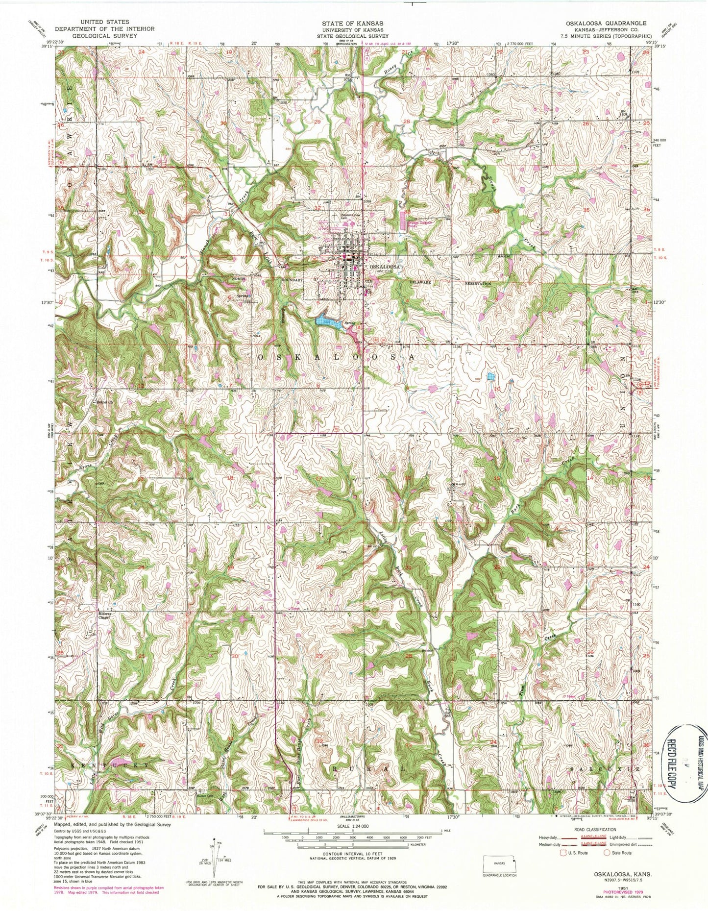 Classic USGS Oskaloosa Kansas 7.5'x7.5' Topo Map Image