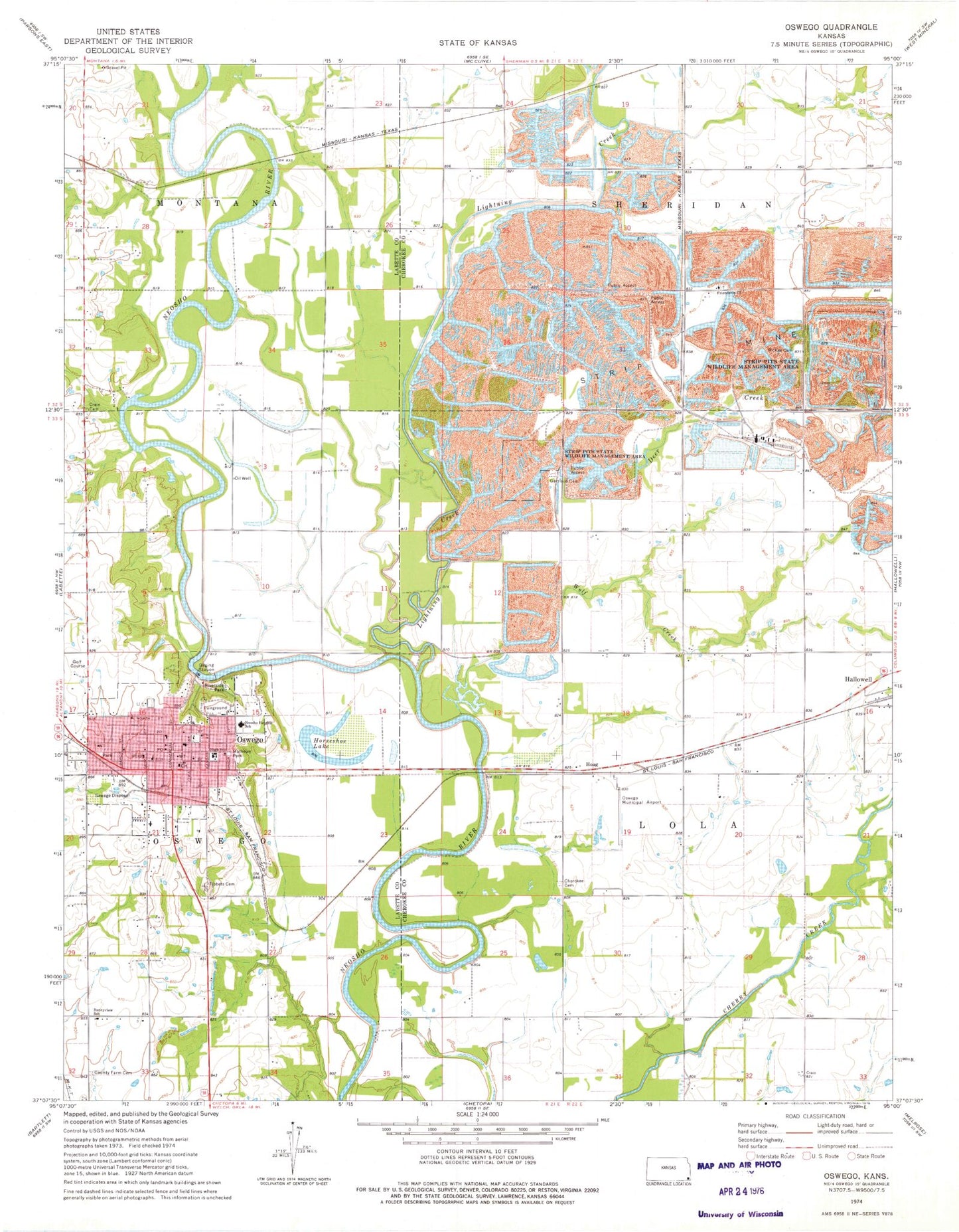 Classic USGS Oswego Kansas 7.5'x7.5' Topo Map Image