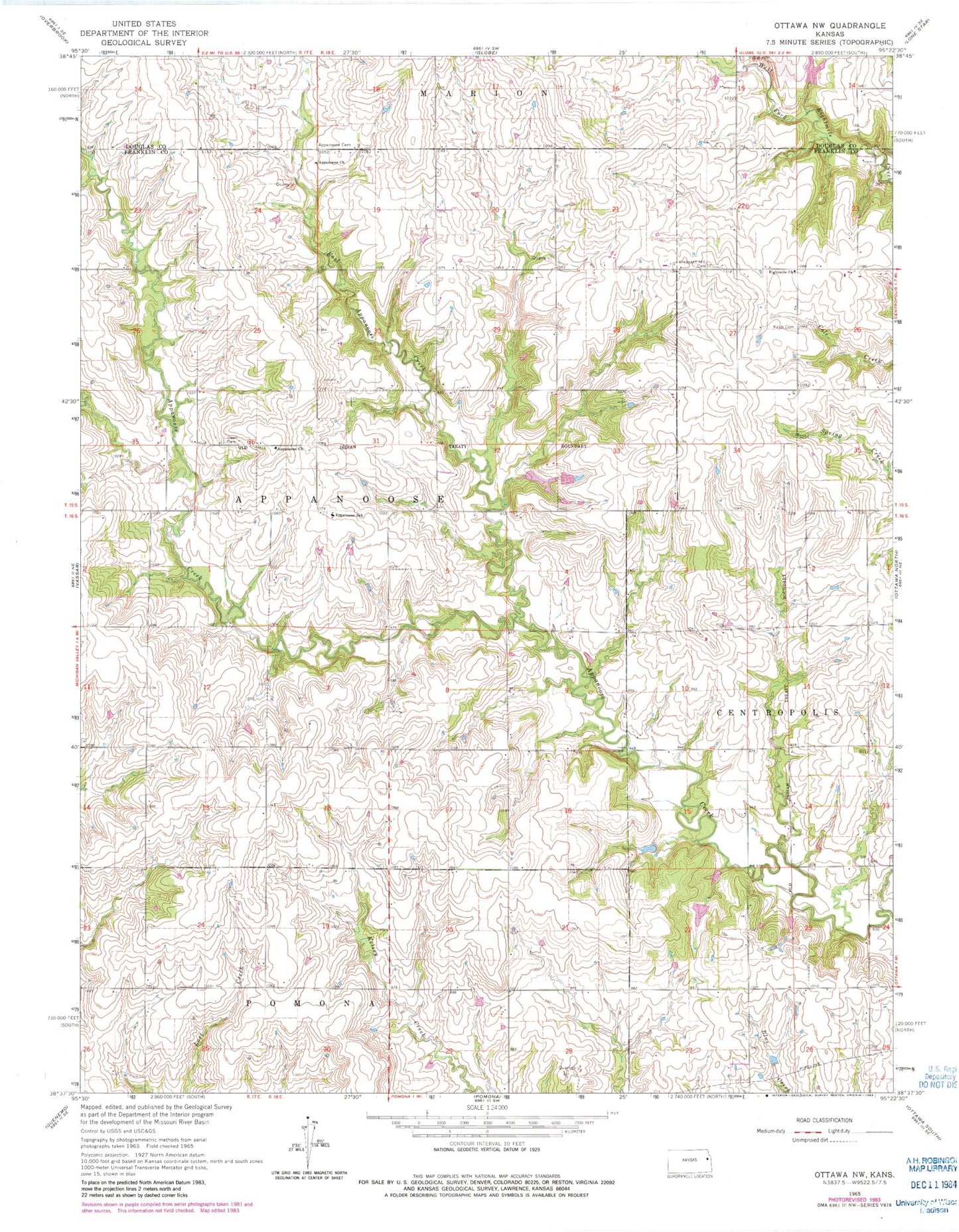 Classic USGS Ottawa NW Kansas 7.5'x7.5' Topo Map Image