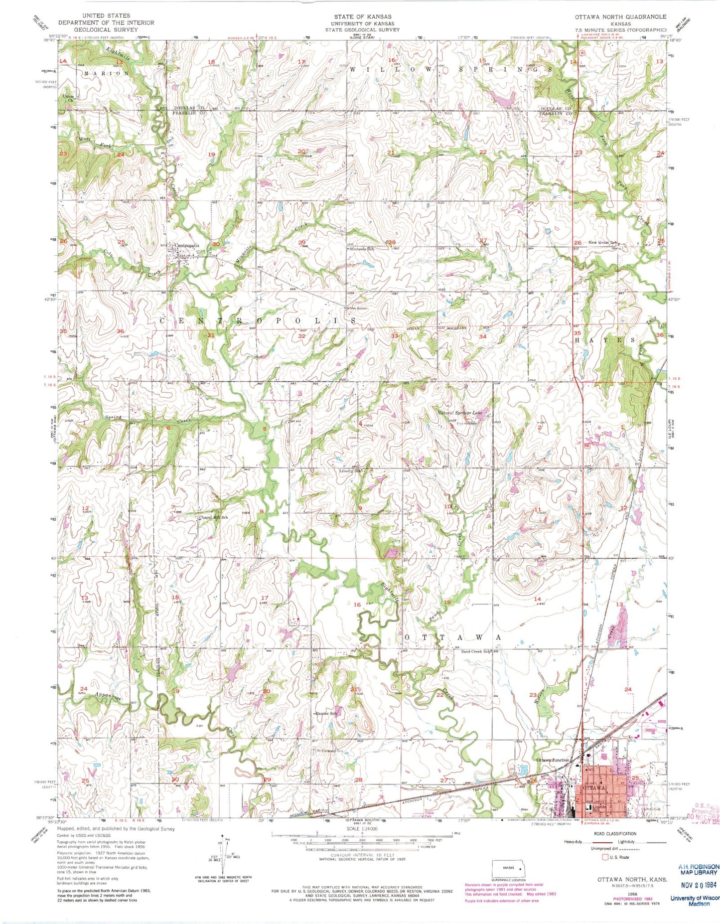Classic USGS Ottawa North Kansas 7.5'x7.5' Topo Map Image