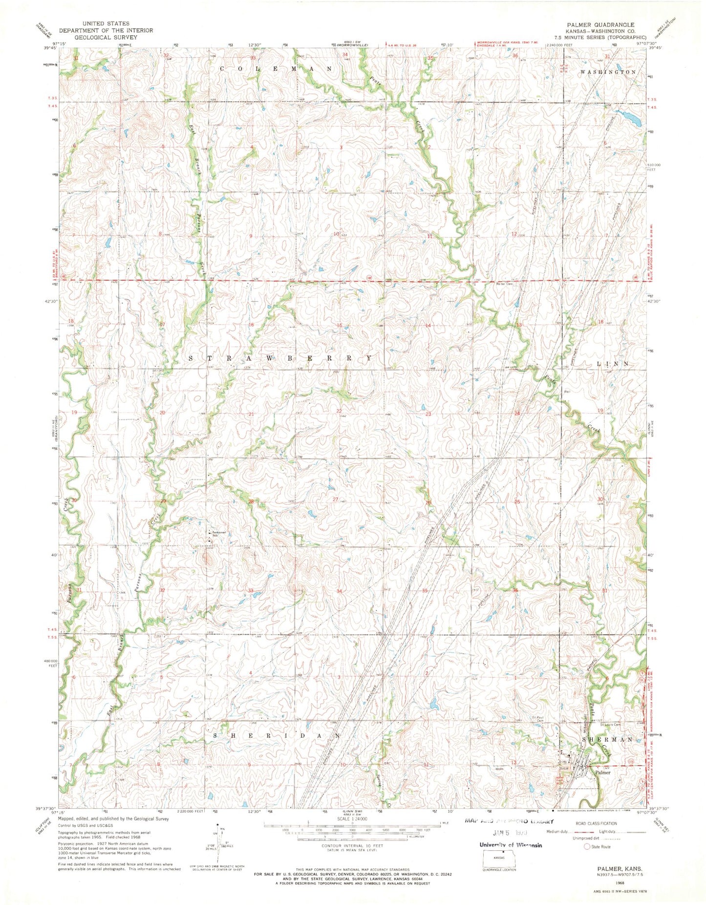 Classic USGS Palmer Kansas 7.5'x7.5' Topo Map Image