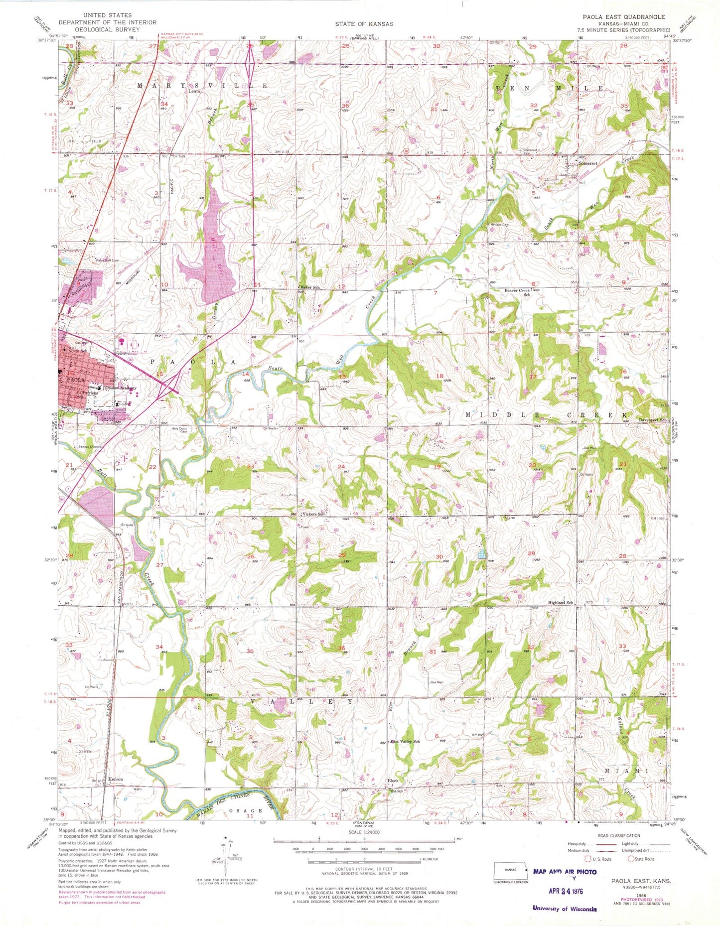 Classic USGS Paola East Kansas 7.5'x7.5' Topo Map Image