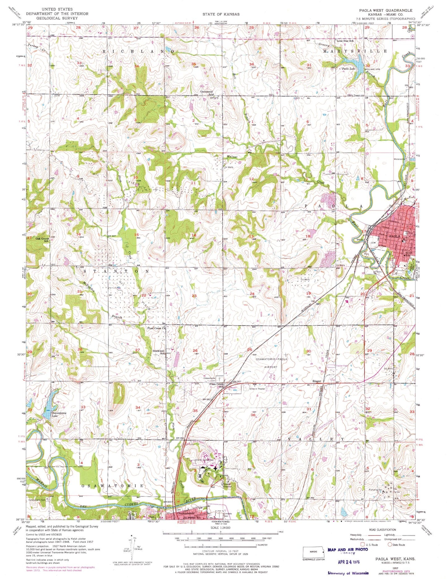 Classic USGS Paola West Kansas 7.5'x7.5' Topo Map Image