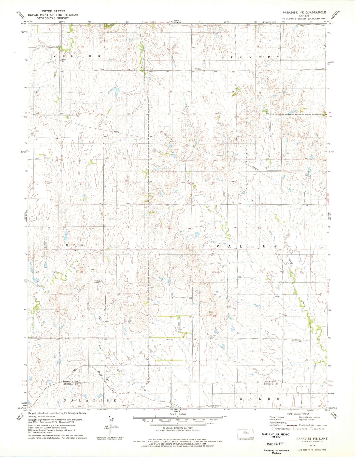 Classic USGS Paradise NE Kansas 7.5'x7.5' Topo Map Image