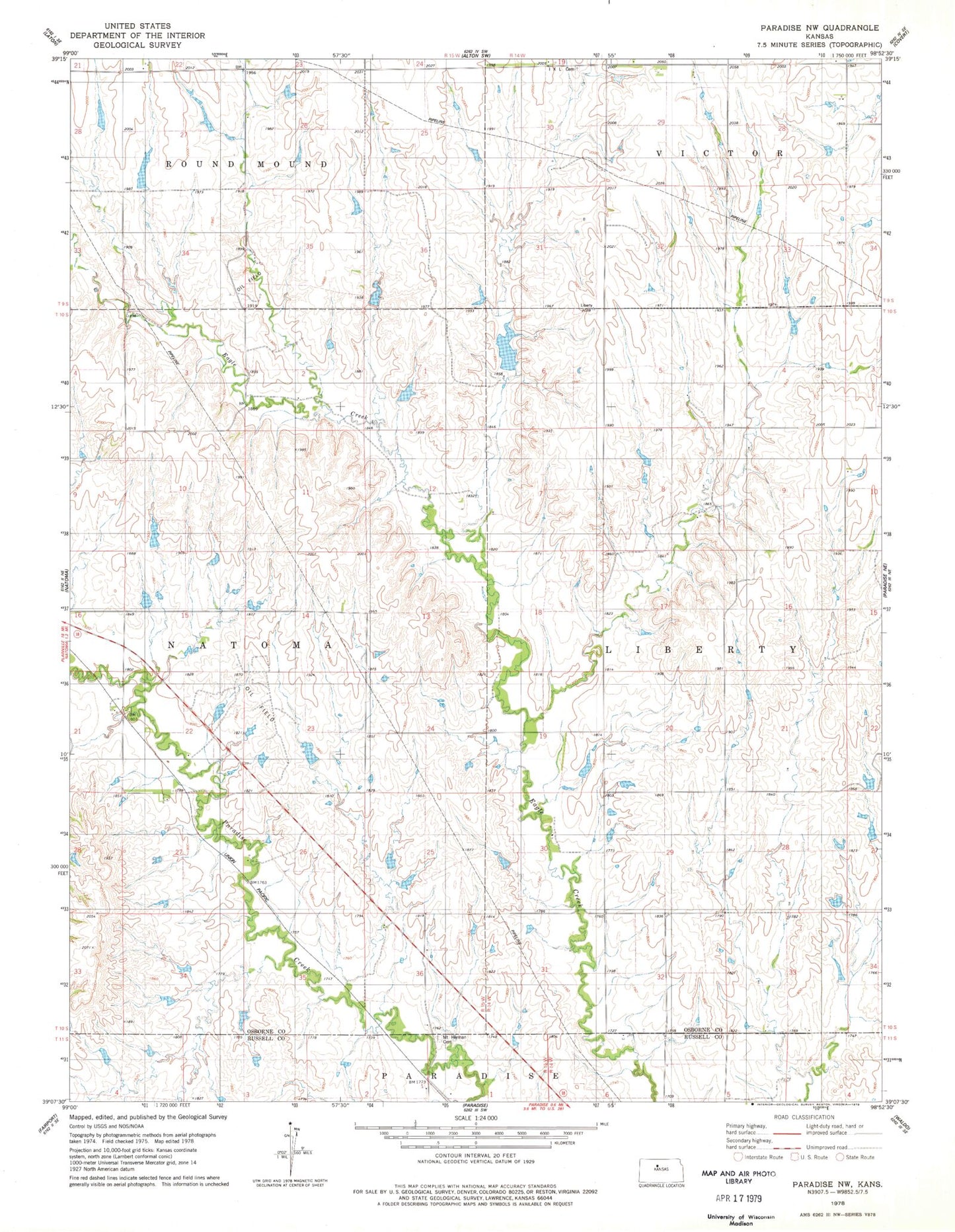Classic USGS Paradise NW Kansas 7.5'x7.5' Topo Map Image