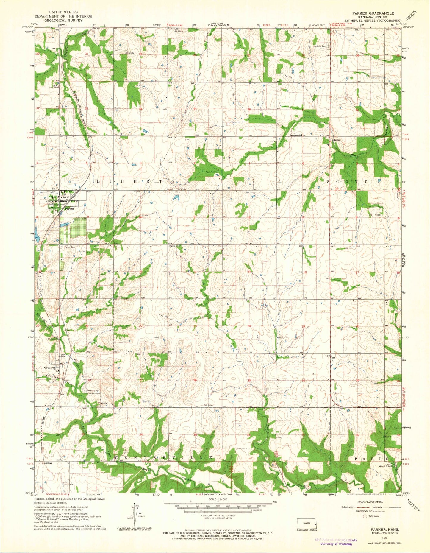 Classic USGS Parker Kansas 7.5'x7.5' Topo Map Image
