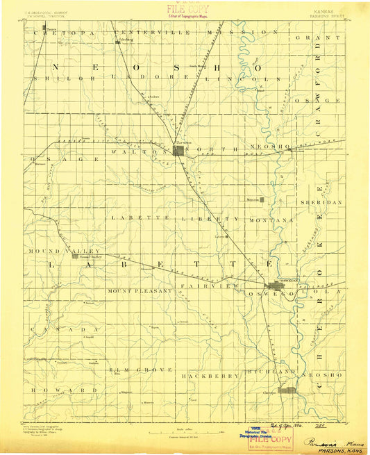 Historic 1886 Parsons Kansas 30'x30' Topo Map Image