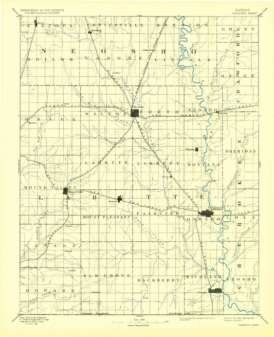 Historic 1893 Parsons Kansas 30'x30' Topo Map Image
