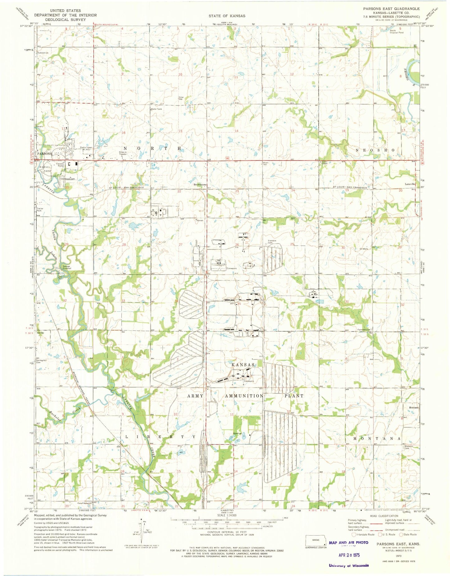 Classic USGS Parsons East Kansas 7.5'x7.5' Topo Map Image
