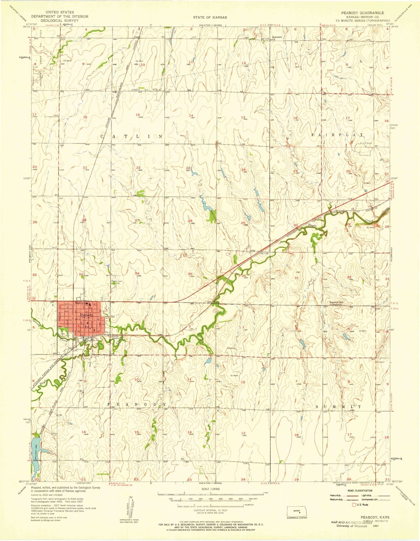 Classic USGS Peabody Kansas 7.5'x7.5' Topo Map Image