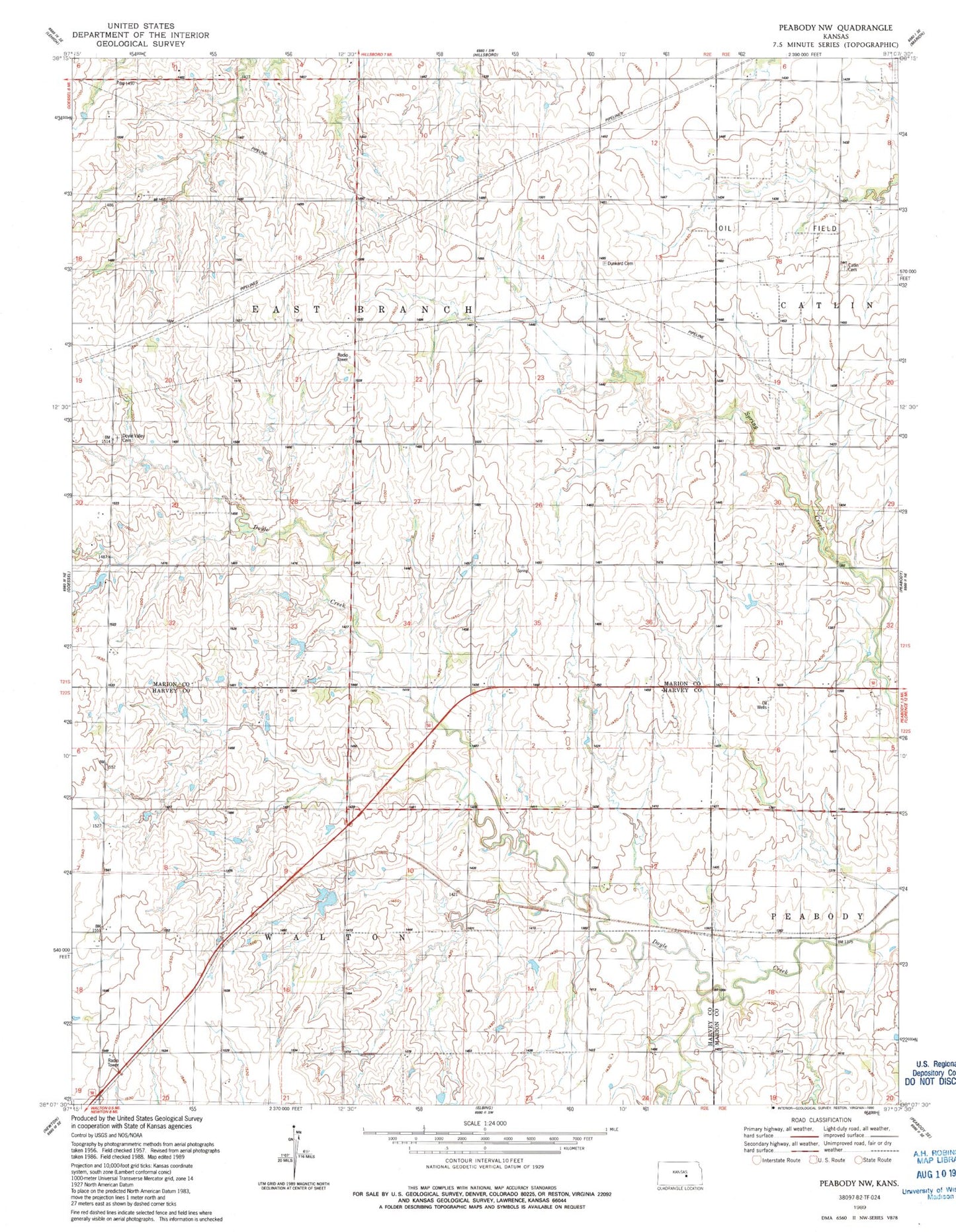 Classic USGS Peabody NW Kansas 7.5'x7.5' Topo Map Image