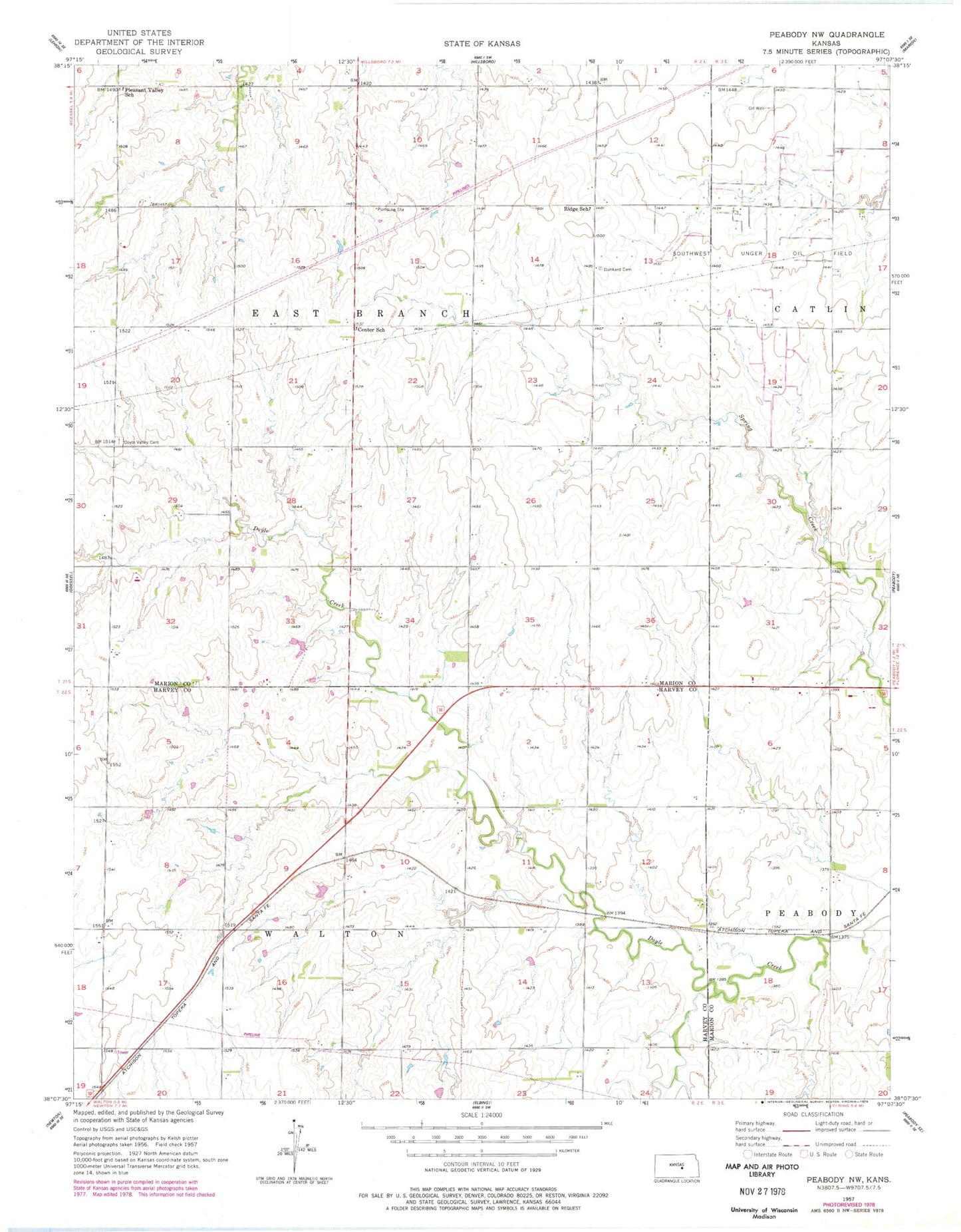 Classic USGS Peabody NW Kansas 7.5'x7.5' Topo Map Image
