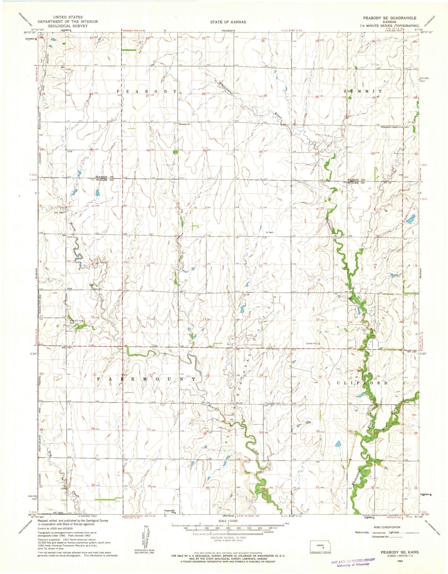 Classic USGS Peabody SE Kansas 7.5'x7.5' Topo Map Image