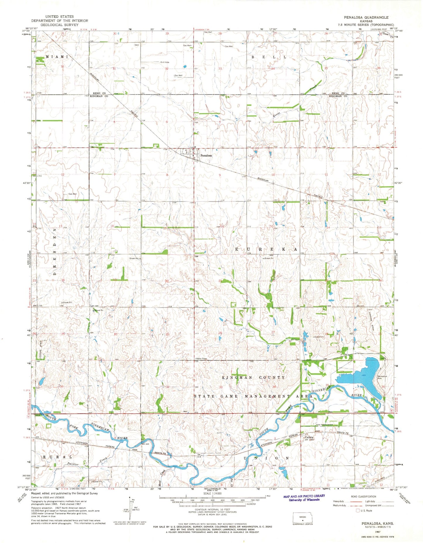 Classic USGS Penalosa Kansas 7.5'x7.5' Topo Map Image