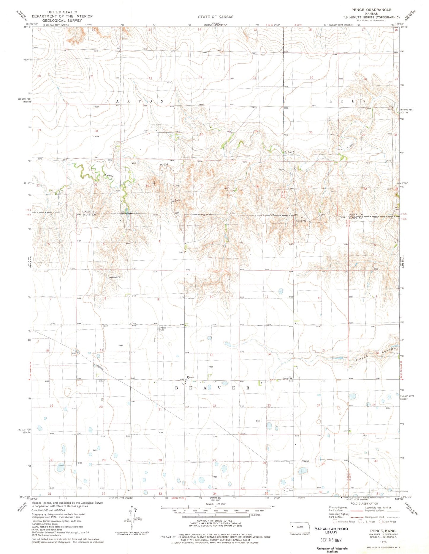 Classic USGS Pence Kansas 7.5'x7.5' Topo Map Image