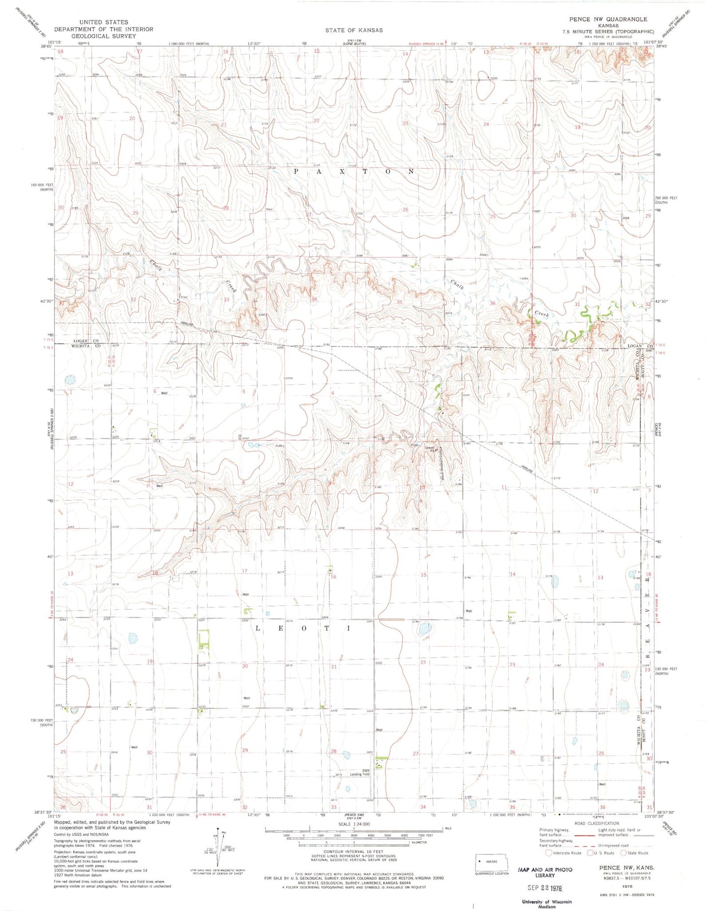 Classic USGS Pence NW Kansas 7.5'x7.5' Topo Map Image