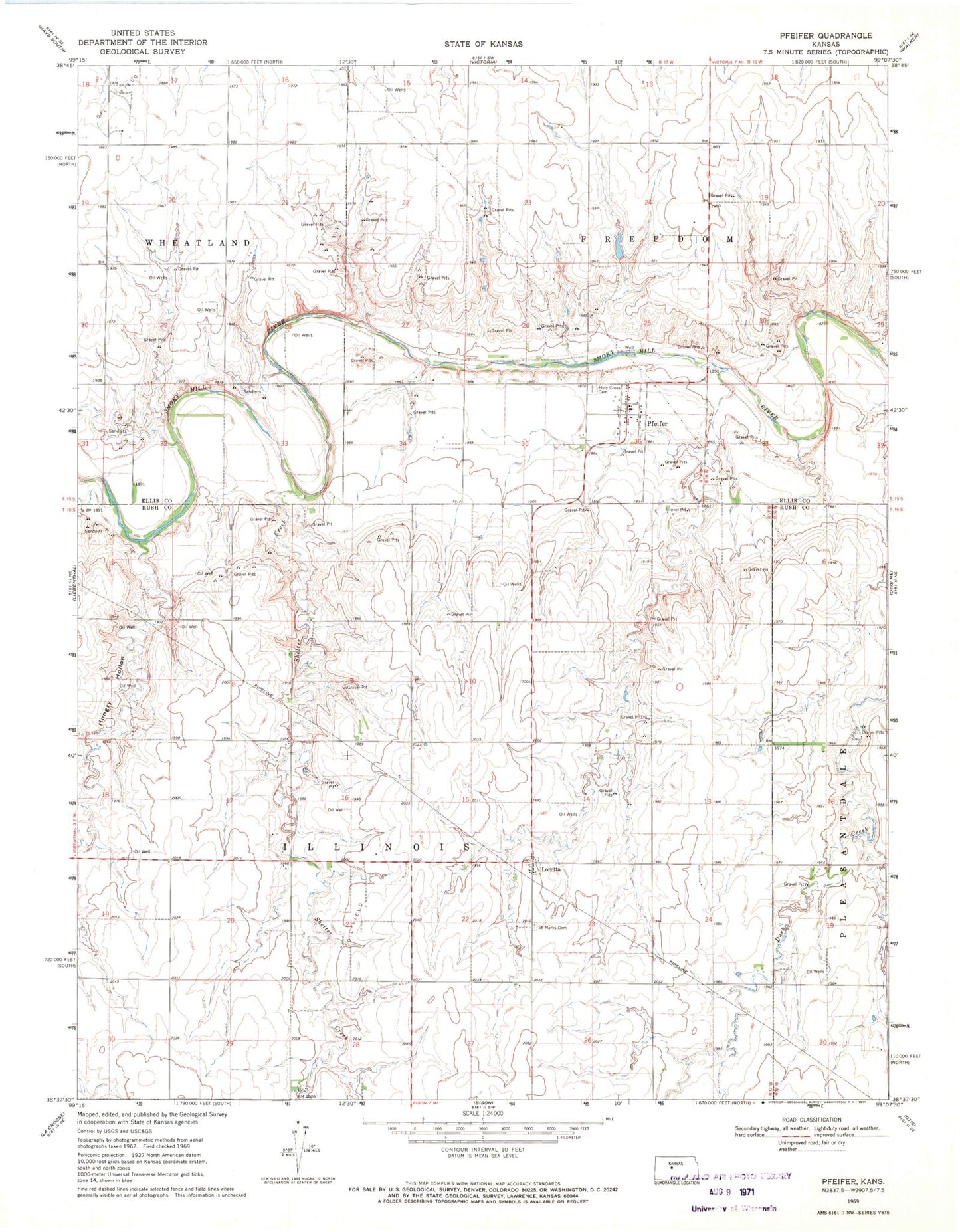 Classic USGS Pfeifer Kansas 7.5'x7.5' Topo Map Image