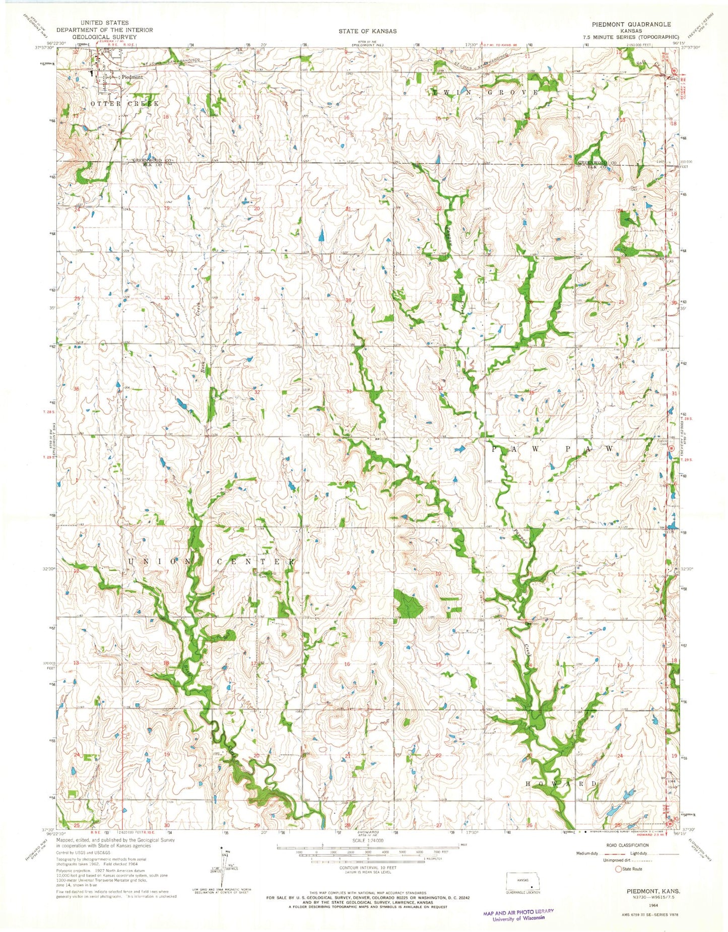 Classic USGS Piedmont Kansas 7.5'x7.5' Topo Map Image