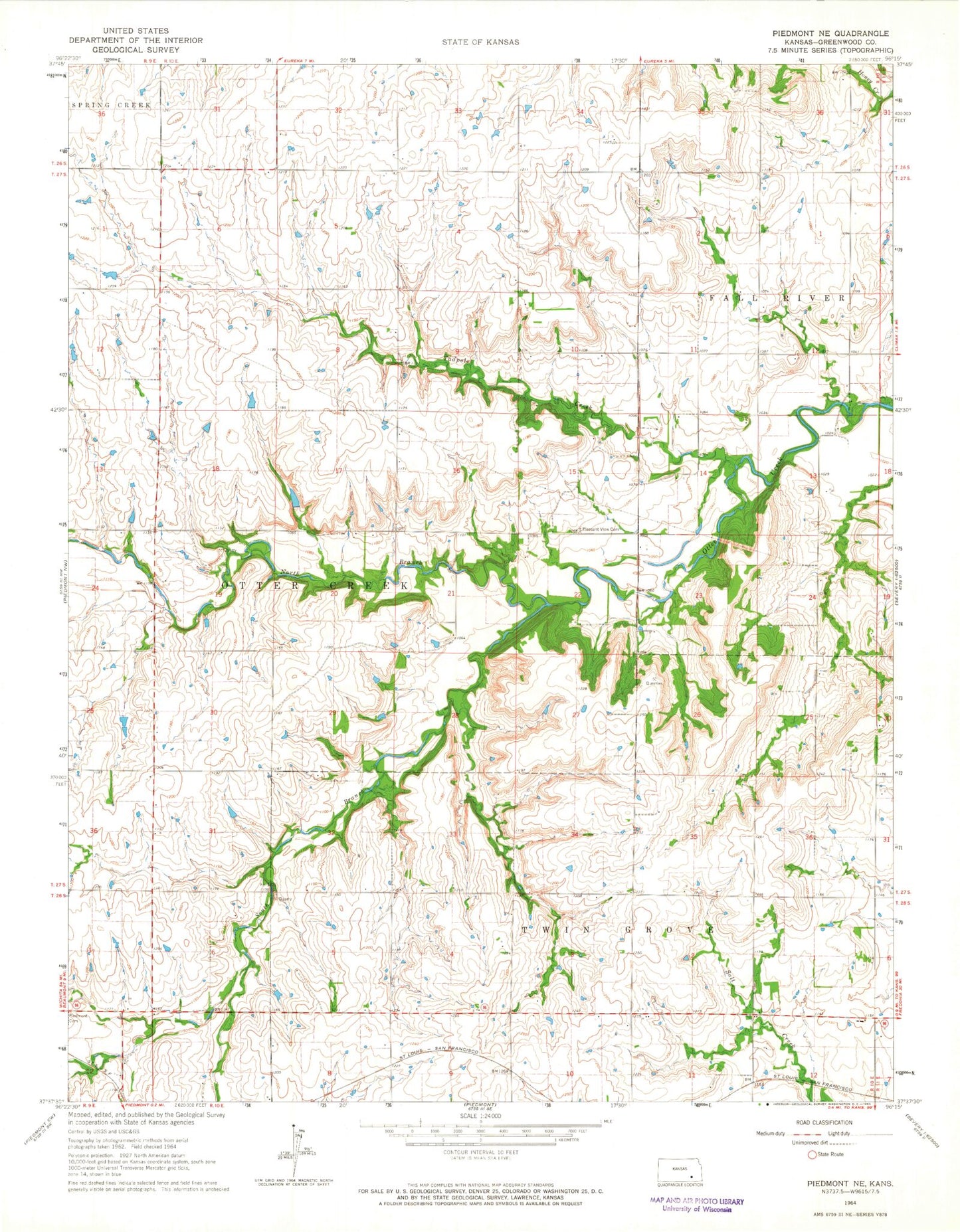Classic USGS Piedmont NE Kansas 7.5'x7.5' Topo Map Image