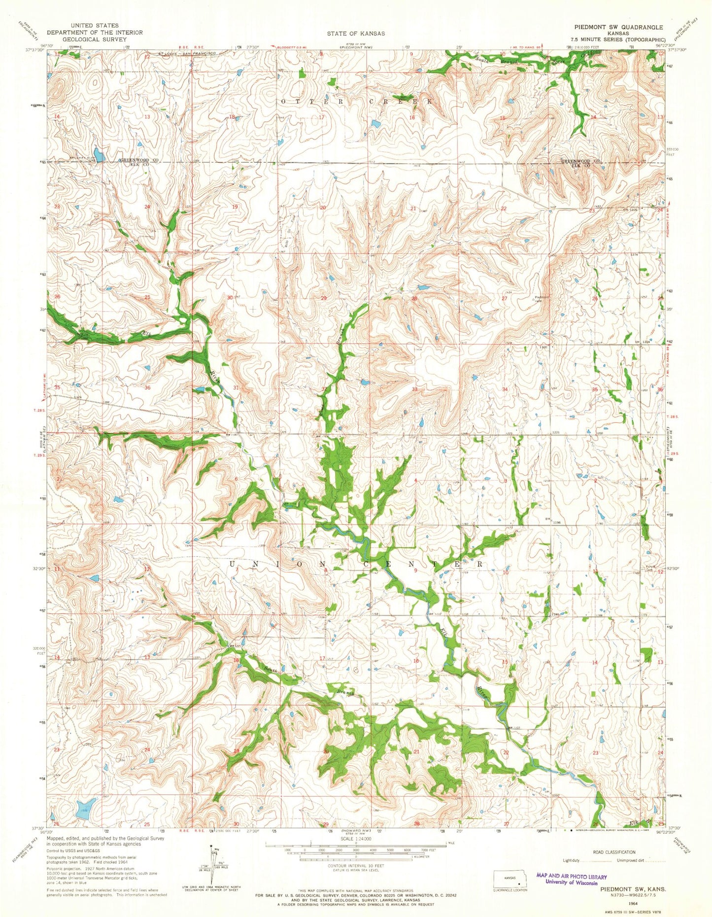 Classic USGS Piedmont SW Kansas 7.5'x7.5' Topo Map Image