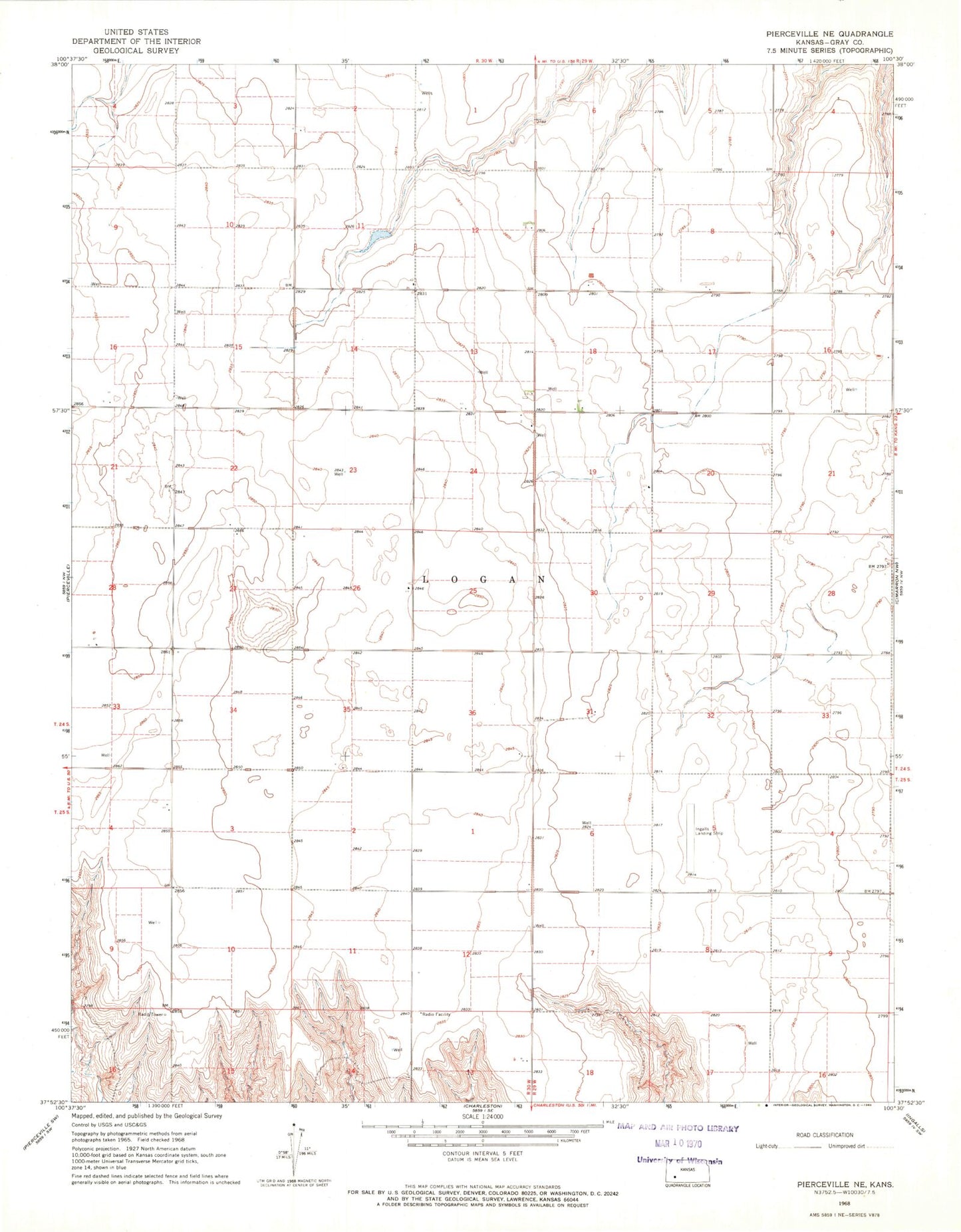 Classic USGS Pierceville NE Kansas 7.5'x7.5' Topo Map Image
